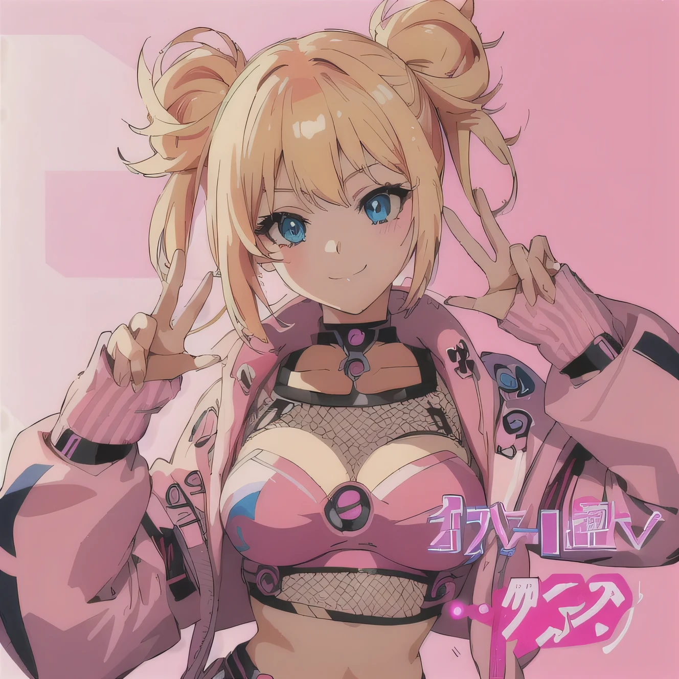 masterpiece, high quality, 8k, 1girl, cute, gyaru, white skin, blonde hair, black choker, silver earrings, Crochet bikini with a halter-neck top and matching bottoms, oversized jacket, melancoly, nostalgic, smile, (graffiti art), (graffiti background), (Colorful portraits), (multicolored), (pastel color), kawaii