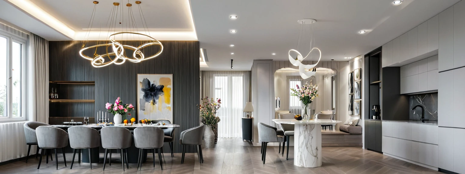 This photo depicts a modern interior space., Luxurious with dark tones. The dining area features an artistic ceiling light and large dining table., exquisite upholstered chair. Soft lighting and minimalist decor, Combined with decorative details such as art paintings and fresh flowers, create a cozy and elegant feeling for the room,     White room with gray furniture,gray wood floor 