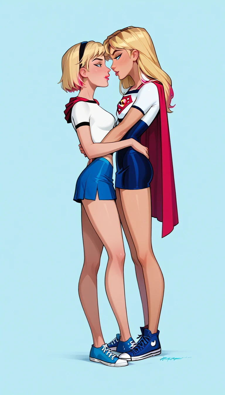 score_9, score_8_up, score_7_up, dcaustyle, source_cartoon, 2girls, duo, couple, yuri, (Supergirl, blonde, tight white tshirt, short sleeves, Supergirl emblem, midriff, blue skirt, tight skirt, short skirt, red cape:1.3) and (short hair Gwen Stacy, blonde, colorful highlights, wearing Spidergwen suit, blue Converse sneakers:1.4), flirt, gaze, sexy look, half-closed eyes, filled lips, thick lips, makeup, side view, (full bodies in view), expressiveh d4rk01l, perfect hands, perfect proportions, simple background.