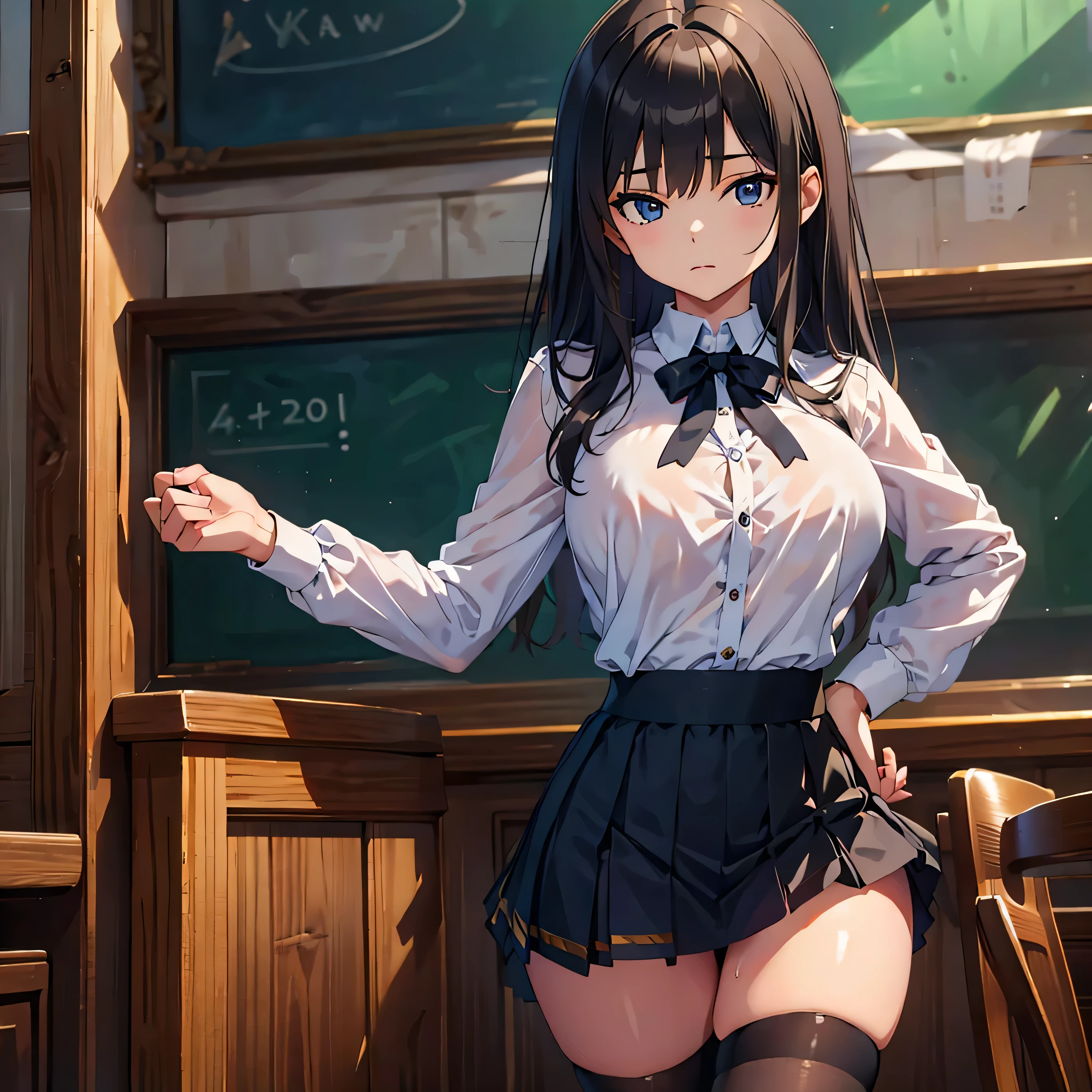 (1 skinny girl at primary school), school uniform, high-waist skirt, thigh gap, (inky-black thighhighs), bouncing large breasts, swaying back, narrow shoulders, short torso, skinny narrow waist, long skinny legs, orgasm