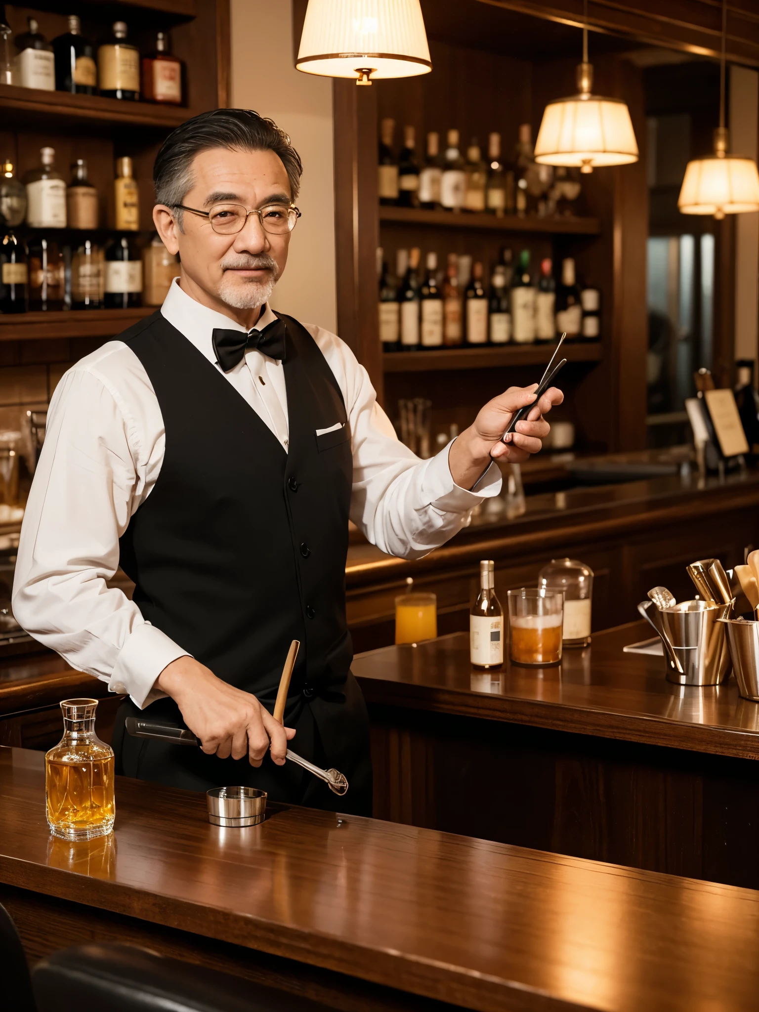masterpiece, Highest quality, An elderly male manager standing behind the counter of a coffee shop, facing the viewer and speaking、A bottle filled with ruby-red liquid、The scene where the bottle is poured into a shot glass、Next to the bottle is a Japanese-style wrapped box.、Focus alone,indoor, Shadow, autumn、Real-world locations、live-action、Realistic、