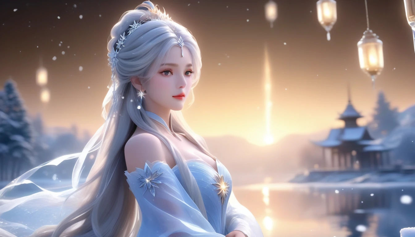 A Masterpiece in 32K Resolution, Flawless Quality, Hyper-Refined Detail, Official Art, Exquisite 32K Wallpaper, Stunning and Artistic, Ultra-Focused Features, Mesmerizing Detail, Dutch Angle, Semi-Realistic, Serene Snow-Covered Temple. (One Woman, Alone) (Snowy White Hair: 1.4, Straight, Flowing Locks) (She Is Adorned in Alluring, Thin Silk), ((Off-the-shoulder, Highlight Her Ample Breasts, Golden Locket)) (Delicate Cleavage) (Stunning Starry Sky, Majestic Night, Glowing Particles Float Gracefully). Her Haunting Beauty Is Captured Perfectly, With the Snow-Dusted Waters Adding Depth and Serenity, Enhanced by Subtle, Ethereal Lighting That Highlights Every Exquisite Detail. Her Sculpted, Delicate Face Shines on the Calm Water’s Surface, Reflecting Her Timeless Beauty in This Intensely Realistic and Majestic Composition.