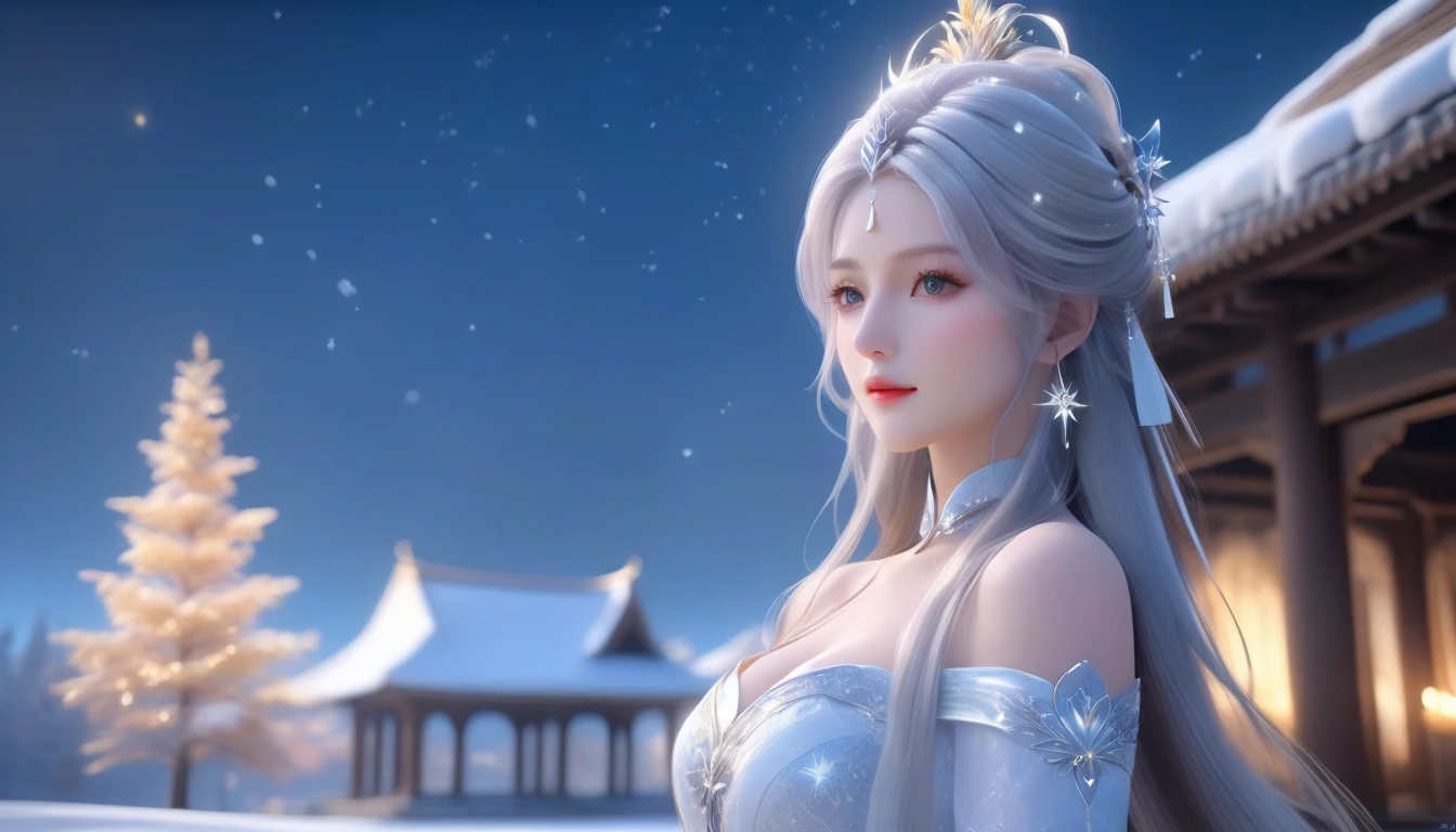 A Masterpiece in 32K Resolution, Flawless Quality, Hyper-Refined Detail, Official Art, Exquisite 32K Wallpaper, Stunning and Artistic, Ultra-Focused Features, Mesmerizing Detail, Dutch Angle, Semi-Realistic, Serene Snow-Covered Temple. (One Woman, Alone) (Snowy White Hair: 1.4, Straight, Flowing Locks) (She Is Adorned in Alluring, Thin Silk), ((Off-the-shoulder, Highlight Her Ample Breasts, Golden Locket)) (Delicate Cleavage) (Stunning Starry Sky, Majestic Night, Glowing Particles Float Gracefully). Her Haunting Beauty Is Captured Perfectly, With the Snow-Dusted Waters Adding Depth and Serenity, Enhanced by Subtle, Ethereal Lighting That Highlights Every Exquisite Detail. Her Sculpted, Delicate Face Shines on the Calm Water’s Surface, Reflecting Her Timeless Beauty in This Intensely Realistic and Majestic Composition.