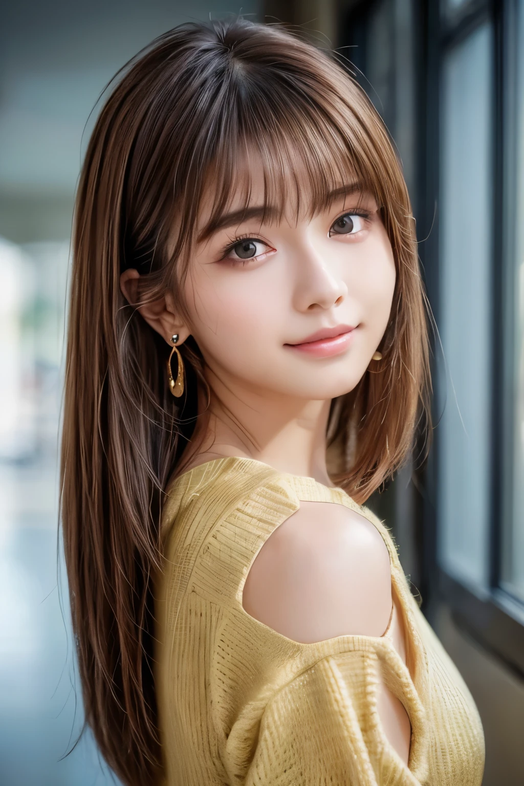 Upper Body、Beauty、Well-formed face、20-year-old、Uniform eyes、Small face、, light brown hair, hair over shoulder, parted bangs, straight hair, expressive hair, shiny hair, earrings, seductive smile, Surrealism, cinematic lighting, first-person view, pov, f/1.2, Nikon, UHD, textured skin, best quality, highres, 8k