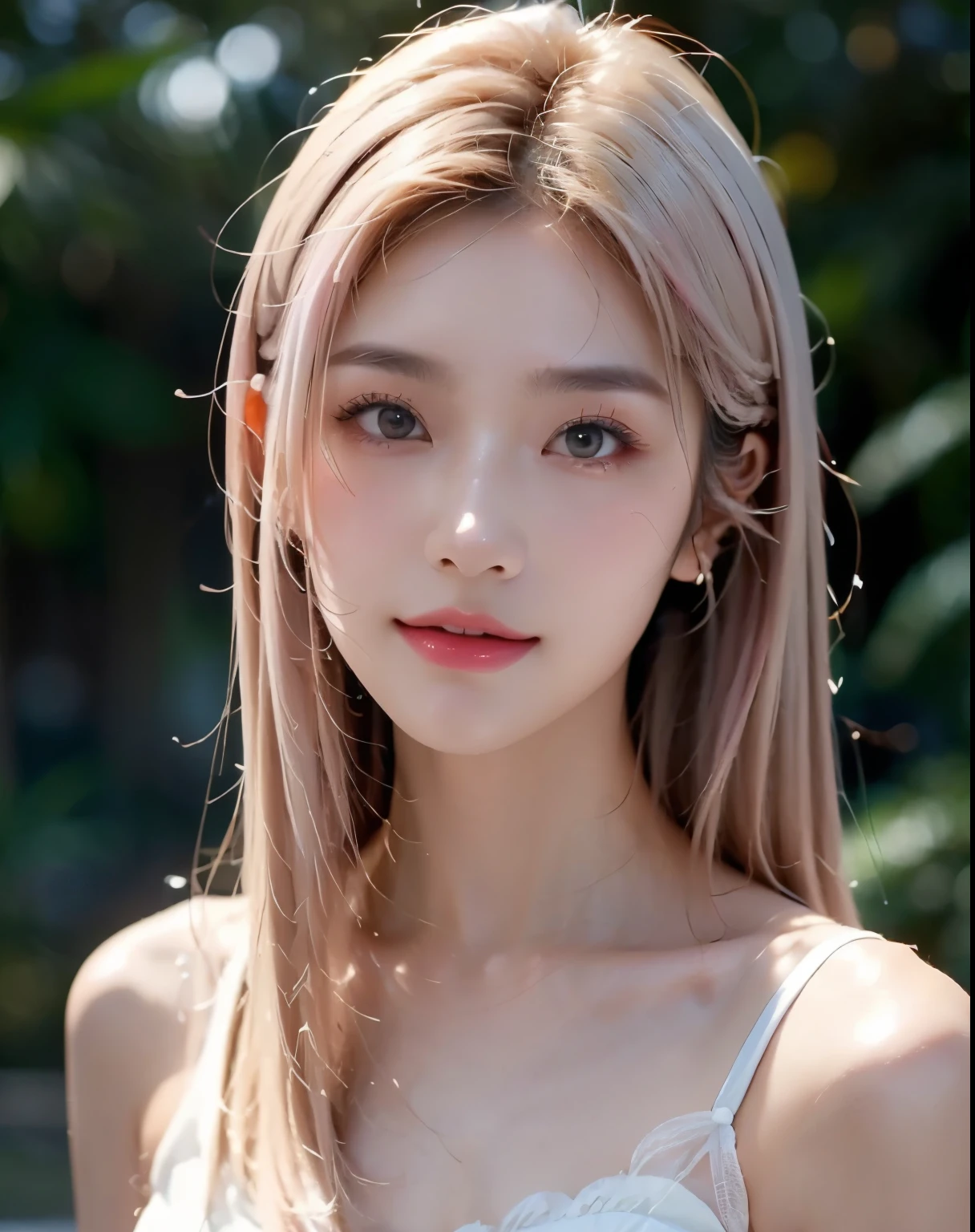 best quality, masterpiece, a 2 beautiful Asian girl with light pink hair, ultra quality, bright eyes with a high level of details, blouse, in the dark, blonde, black short tank top, beautiful & girly, idol. 8k, RAW photo, best quality, masterpiece:1.2), ultra-detailed, ultra high res, (realistic, photo realistic:1.2), high detail RAW color photo, professional photograph, depth of field, an extremely delicate and beautiful, extremely detailed, background outdoor.