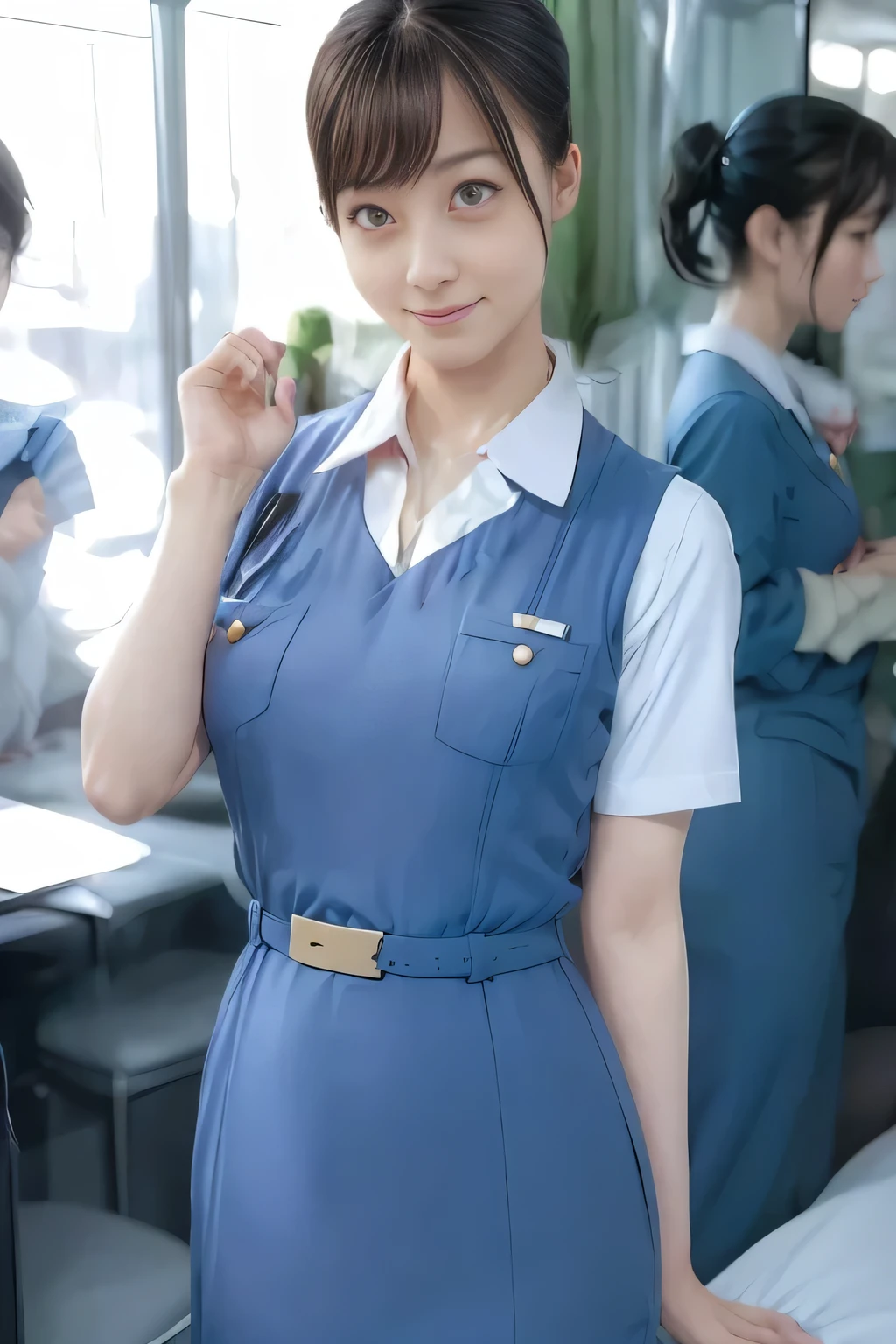 (masterpiece:1.2, Best Quality:1.2), 32K HDR, High resolution, (Alone、1 girl)、（On the roof of a building during the day、Professional Lighting）、Building rooftop background、（Real style wearing Japan air system cabincrew uniform blue）、（（Japan Air System cabincrew uniform blue jumper skirt with pockets on both sides、Japan air system cabincrew uniform blue jumper skirt with buttons on the pocket、White short sleeve blouse 、 Light blue vest around waist、Scarf around the neck））、Dark brown hair、（Long Hair、Hair tied up、Hair tied up）、Dark brown hair、Long Shot、Big Breasts、Thin legs、（（Great hands：2.0）），（（Harmonious body proportions：1.5）），（（Normal limbs：2.0）），（（Normal finger：2.0）），（（Delicate eyes：2.0）），（（Normal eyes：2.0））)、smile、（Japan air system cabincrew uniform blueを見せた美しい立ち姿）、Hands clasped underneath
