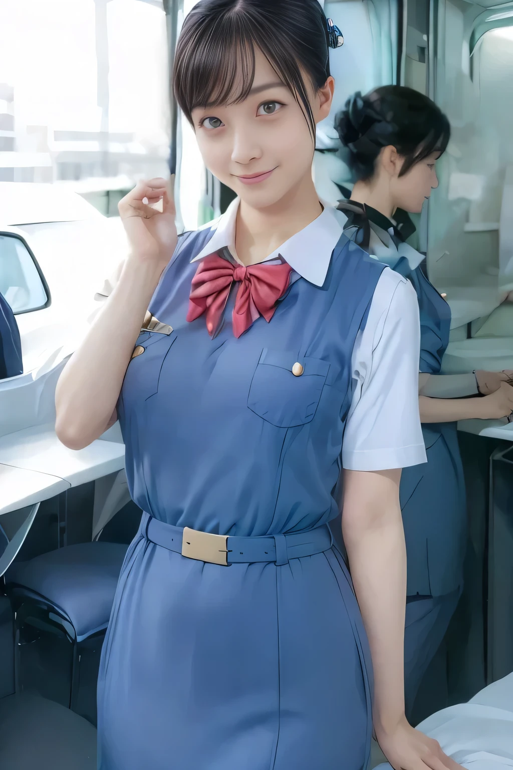 (masterpiece:1.2, Best Quality:1.2), 32K HDR, High resolution, (Alone、1 girl)、（On the roof of a building during the day、Professional Lighting）、Building rooftop background、（Real style wearing Japan air system cabincrew uniform blue）、（（Japan Air System cabincrew uniform blue jumper skirt with pockets on both sides、Japan air system cabincrew uniform blue jumper skirt with buttons on the pocket、White short sleeve blouse 、 Light blue vest around waist、Scarf around the neck））、Dark brown hair、（Long Hair、Hair tied up、Hair tied up）、Dark brown hair、Long Shot、Big Breasts、Thin legs、（（Great hands：2.0）），（（Harmonious body proportions：1.5）），（（Normal limbs：2.0）），（（Normal finger：2.0）），（（Delicate eyes：2.0）），（（Normal eyes：2.0））)、smile、（Japan air system cabincrew uniform blueを見せた美しい立ち姿）、Hands clasped underneath
