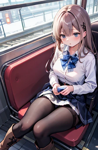masterpiece, highest quality, 1 girl, solo, 6 years old, (flat chest), Ingrid, Hair Pod, gloves, skirt, pantyhose, bow, dress, black pantyhose, black panties under pantyhose, pink panty, Airplane interior, View from between the legs,leg up