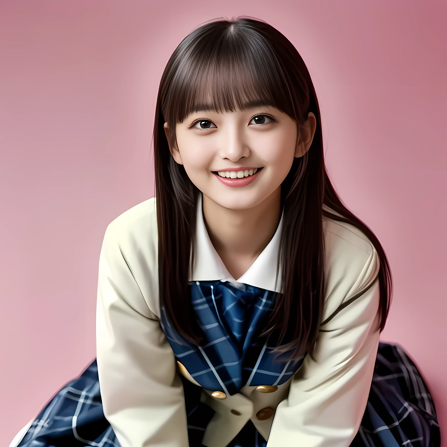 (Highest quality, masterpiece:1.2), Highest quality, High resolution, 1080P, 8k, height: 158cm, (Noble, Japanese yo mysterious hypnotist is seated on a pink flat floor and smiling directly at me in KANKO school uniform, Looking up at me deeply, Hypnotizing me with her cuteness: 1.8), looking me, well-grown breast and nice style, (well arranged, balanced, neat glossy straight very long hair), (Half-closed, Looking up to me, Very sleepy, Double-deep-eyelids, completely balanced, brown large large dreaming Japanese 12 eyes with detailed beautifully: 1.6), (Glossy lips: 1.8), (high nose: 1.2), (Rich and long bottom-eye-slashes), (Drives me crazy for her navy-colored neat tartan checkered blue skirts and make me fall into her navy-colored plaid-print pleats skirt: 1.4), (Fine white face that looks like she has never been out of home: 1.6), (Navy colored school uniform blazer: 1.6), (Navy pleated plaid skirt: 1.5), (Plain-red school ribbon on the breast), (Complete plain pink background: 1.8), (Girl whom everyone loves because of her beauty and neat school fashion and noble manner and magic-charm of succubus: 1.7), full body shot, (jolly face expression), (evenly cut curled glossy rich beautiful bangs: 1.6), White light hitting my face, (Very very large, dreamy, Adorable eyes, Looking deeply at me: 1.5),