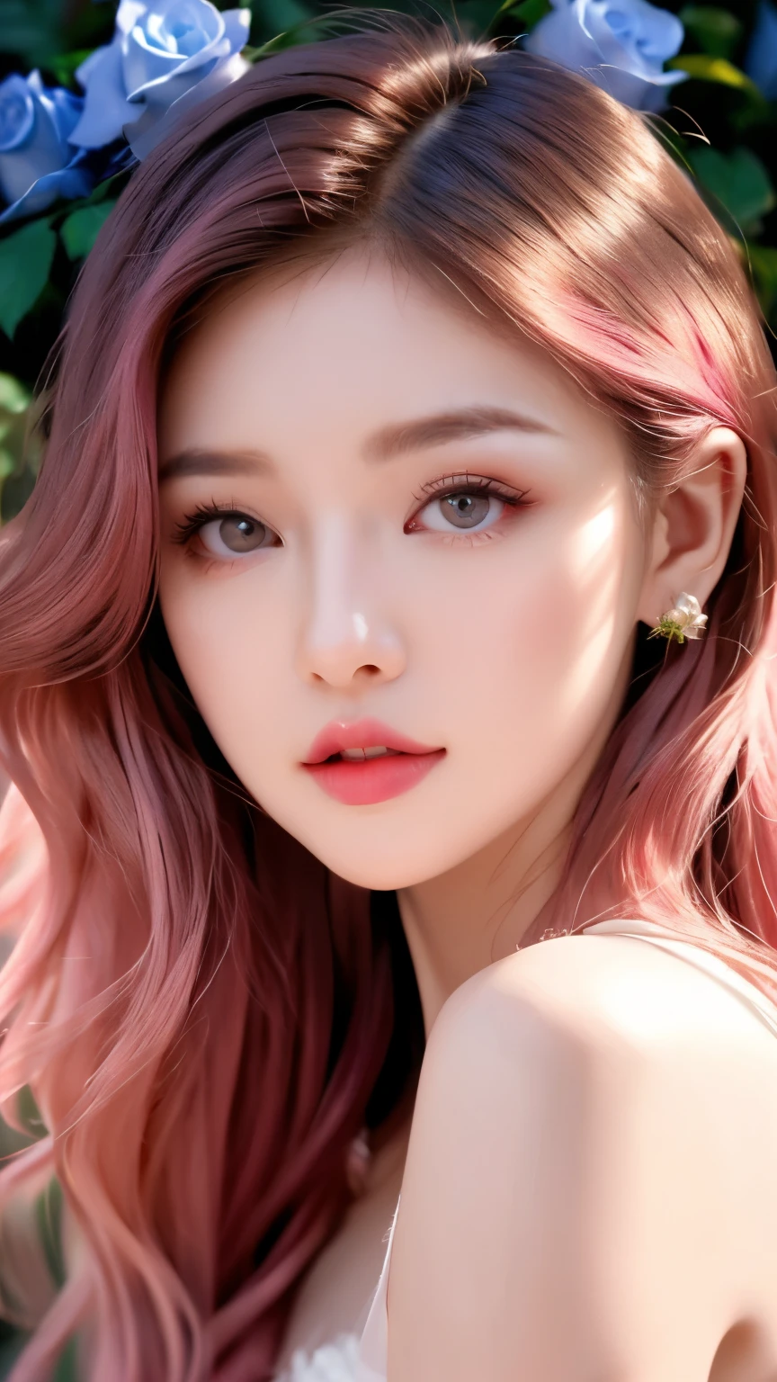 {{NSFW}},((highest quality、in 8K、masterpiece:1.1)),(natural light),(glowing:1.4),(lighting forward),1 woman in Japan、japanese woman、2 adult woman、japanese girl、long pink hair swaying in the wind、long-haired pink color、bob hair、Pink hair、Hair dyed pink、red hair、Peach hair、Woman with dark eyes、Drooping eyes、drooping eyes、cute big eyes、Beautiful double eyes、cute face、delicate and beautiful skin、human-like skin、Realistic skin feel、Complex color hair、complicated hairstyle、luster々hair、looking at camera、A woman looking slightly upwards、double round big eyes、very delicate eyes、super detailed face、High-definition lips、thick lips、emphasize the face、clear white skin、beautiful white woman、above the knee、白いWedding dress、Wedding dress、wedding style、A woman surrounded by beautiful blue flowers、A woman surrounded by many blue roses、A rose so blue that a woman can&#39;t see it、