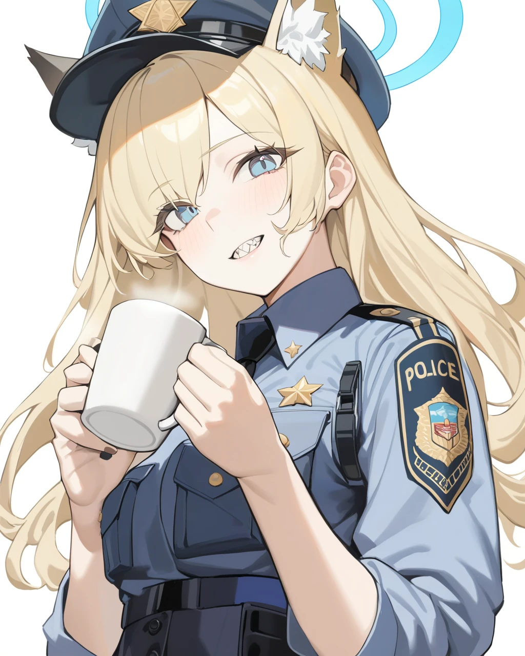 (((beautifully draw every detail of the face))), ((best quality)), ((bad anatomy)), Kanna's light blue halo floats above her head. She has long blonde hair and wolf ears. She is delicately and carefully drawn. Light blue eyes, carefully drawn jagged teeth, police officer's clothes, holding a cup of coffee in one hand, and looking confident.