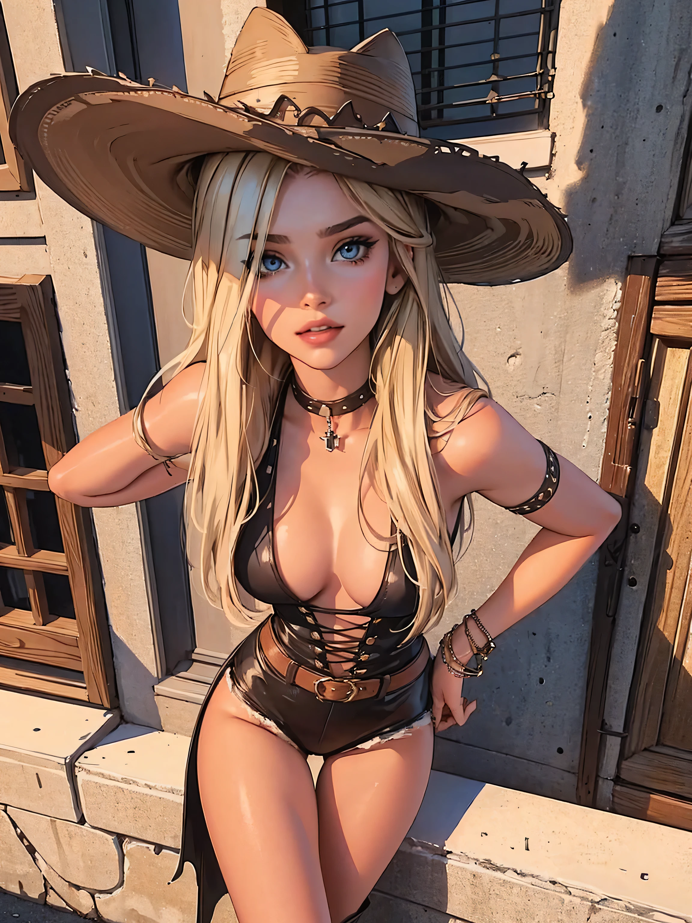 age girl-model 1, beautiful, tanned, blonde, medium hair, pretty eyes, beautiful figure, girl wearing cowboy boots, beautiful long legs, slave bracelets, slave choker, manicure, cute makeup, flirtatiously posing, hot summer, hot flirty, sexy posing, cowboy outfit, top quality, higest quality, pin-up style, ((gothic cowboy, wide brimmed hat)), , AlexiaThompson01R. ban! art style, dark makeup, strut