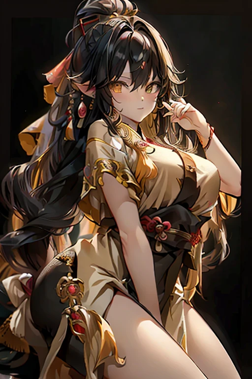 On the left a girl with long, wavy black hair, yellow eyes with goddess clothes in the middle a boy with short, messy black hair, tall, slightly tanned skin, red eyes, and somewhat curly horns on his head with a black trench coat and to the right of the boy a girl on the other side of the boy but with long, straight black hair, black eyes with anime style goddess clothes,night background The girls without horns sex