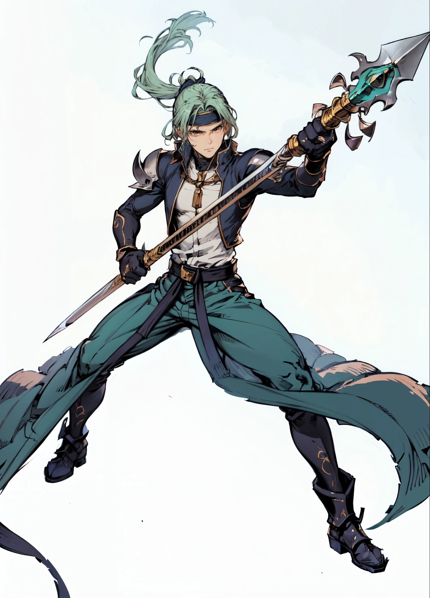 (masterpiece:1.2, best quality:1.2, extremely delicate:1.2), ((male:1.5)), a young man with long, flowing emerald-green hair tied in a ponytail, parted bangs, wearing a headband, a handsome face, sharp eyes, a serious expression, slender and tall build, a yellow and blue leather armor long coat in a fantasy martial arts style, a large triangular-decorated belt, flowing long hem, matching trousers, shin guards, battle boots, grips an indigo spear adorned with iron rings, striking a combat pose against an army, this character embodies a finely crafted fantasy martial arts style spear fighter in anime style, exquisite and mature manga art style, dramatic, high definition, highres, ultra-detailed, ultra-fine painting, professional, perfect body proportions, golden ratio, anatomically correct, symmetrical face, extremely detailed eyes and face, high quality eyes, creativity, RAW photo, UHD, 32k, Natural light, cinematic lighting, (masterpiece-anatomy-perfect:1.2)