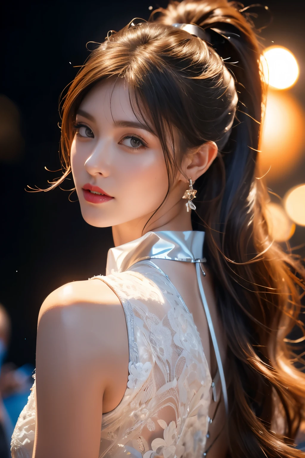 1girl,bangs,bare arms,collar,maxi white lace cheongsam,detailed background,detailed eyes,brown hair,earrings,close-up of face,jewelry,slim,flat chest,ponytail,looking at viewer,makeup,night scene,red lips,signature,laughing,solo,standing,On the T-stage,catwalk,fashion show,Surrounded by crowded crowds on both sides of the stage,neon lights