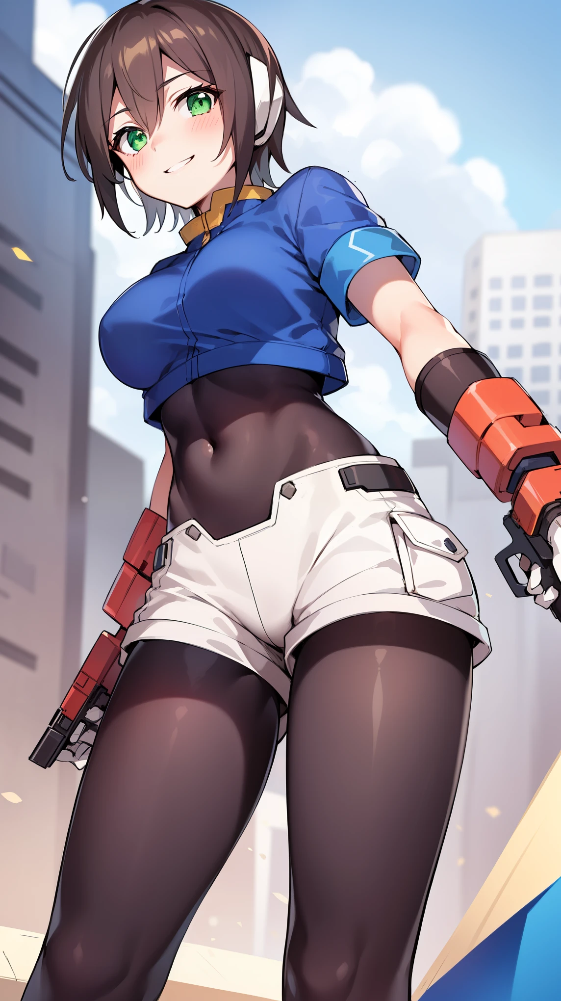 aile_megamanzx,  , 1girl, solo, short hair, brown hair, short sleeves, (bodysuit), robot ears, green eyes, short_shorts, short sleeves, short over long sleeves, smile, in futuristic city, , high quality, medium_breasts,crotch, slouch,handgun,