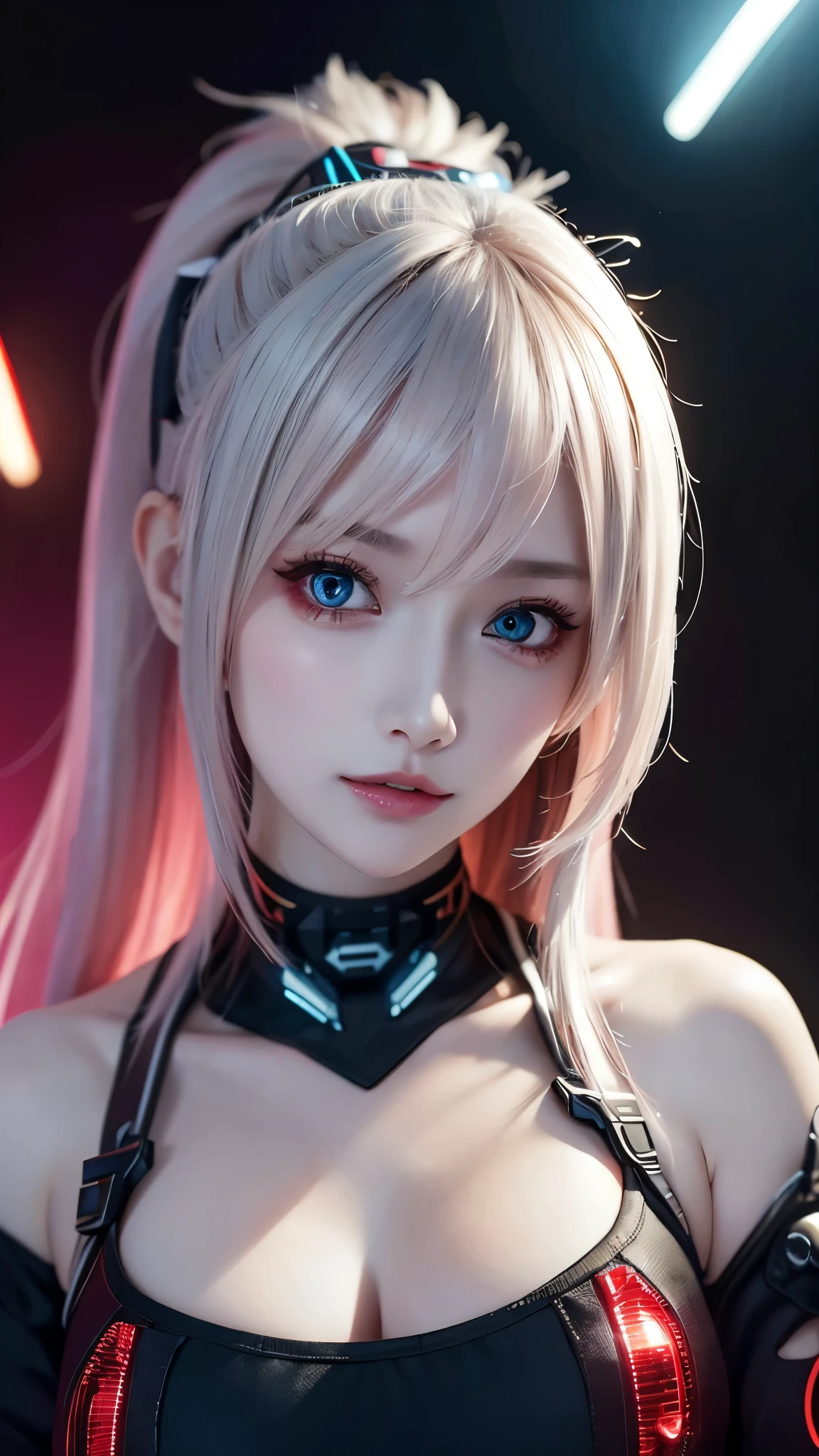 8K Ultra HD, masterpiece, Beautiful girl, Detailed eyes, Good face, Detailed eyesbrow, Cyberpunk outfit, White clothing, Cyberpunk, Cyberspace, Cyberpunk shining background, Neon Effect, Spreading Light, Red lighting, whole bodyキャプチャ,whole body