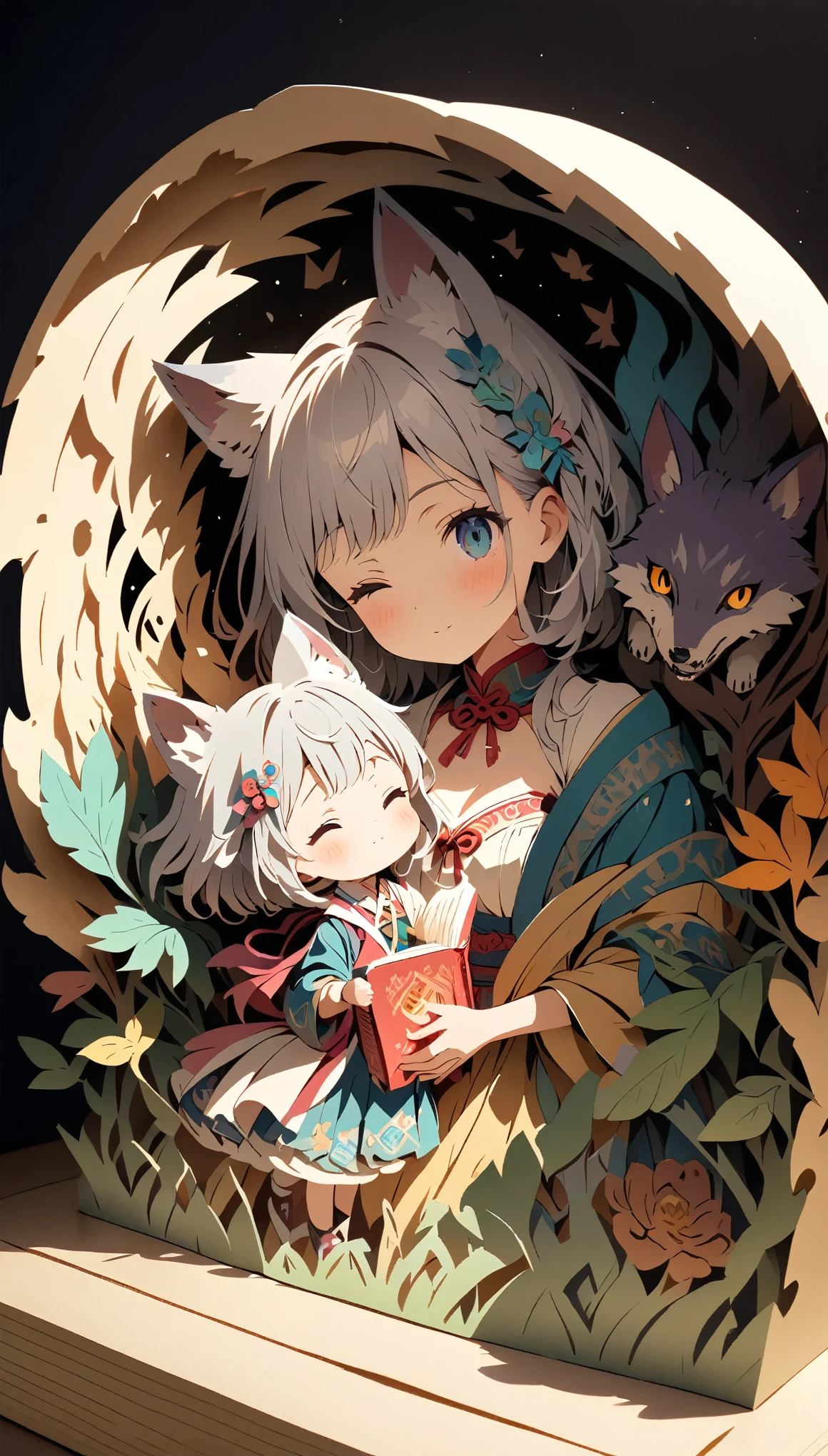 (masterpiece:1.2), (Best Quality:1.2), Ultra-high resolution, Very detailed, Perfect lighting, Wolf Girl, Gray Hair, National Costume, Otherworldly fantasy, Chase after,cute, Tilt your head, Close one eye, Pastel colors, Pop-up picture book, Paper cutting art,Flat paper cutout, Anime style illustration,Anime illustration, White background, PAPERCUT, Put a book under