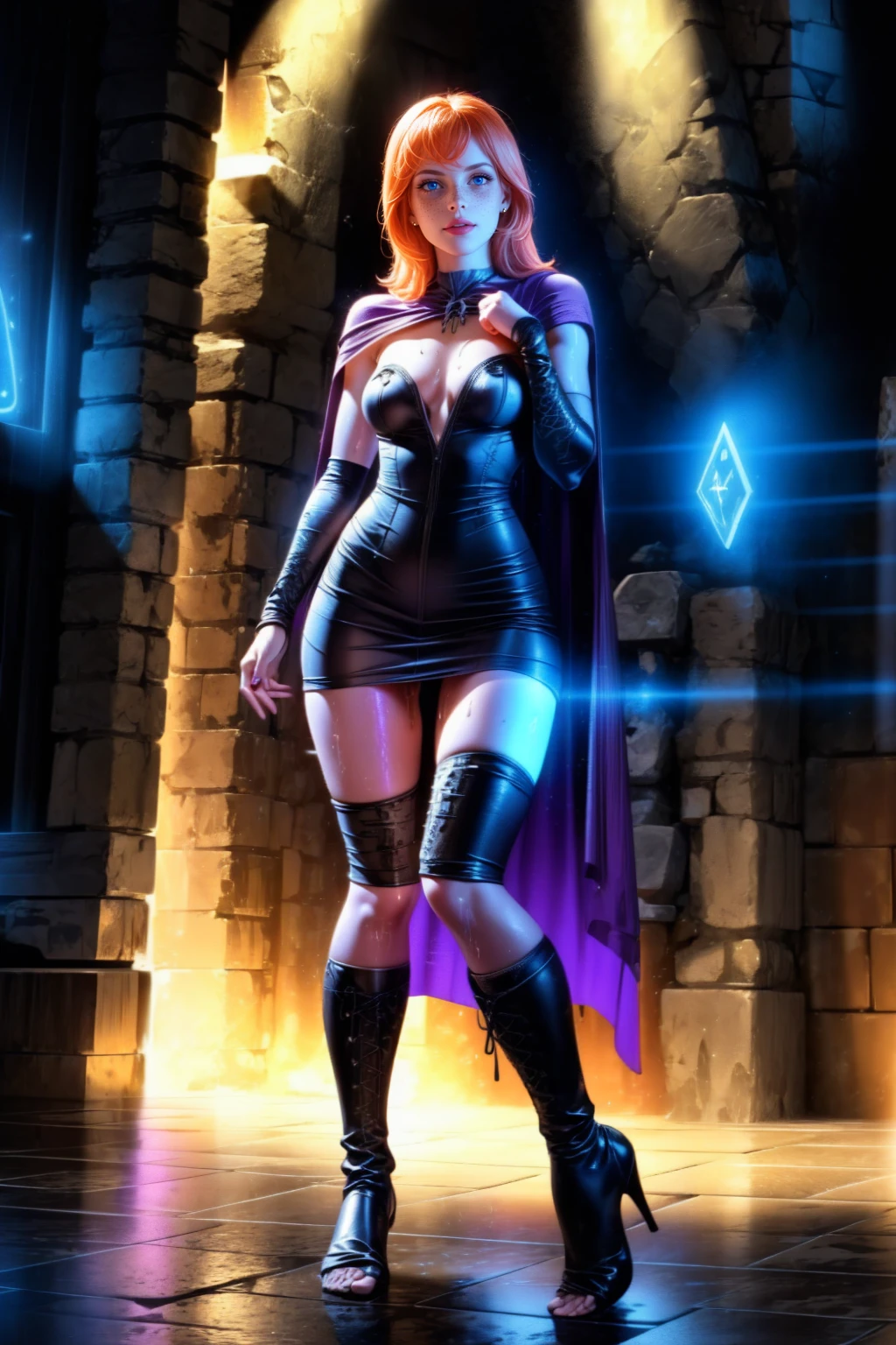 Sheila, age 27, freckles, (masterpiece, best quality:1.2), 1girl, solo, (wide angle:1.27), (full length portrait), wearing tight purple micro dress which high side slits, ((small bust)), wearing a capelet, very tight leather thigh high greaves, absolute territory showing, (skindentation from boots), (in fighting poses), set in a dungeon with glowing runes on the floors and walls, detailed eyes, detailed lips, extremely detailed face, long eyelashes, elegant, graceful, (sensual), alluring, dramatic lighting, cinematic composition, vibrant colors, fantasy, intricate details, gl0w1ngR, (no bra), ((excessive sweat)) 