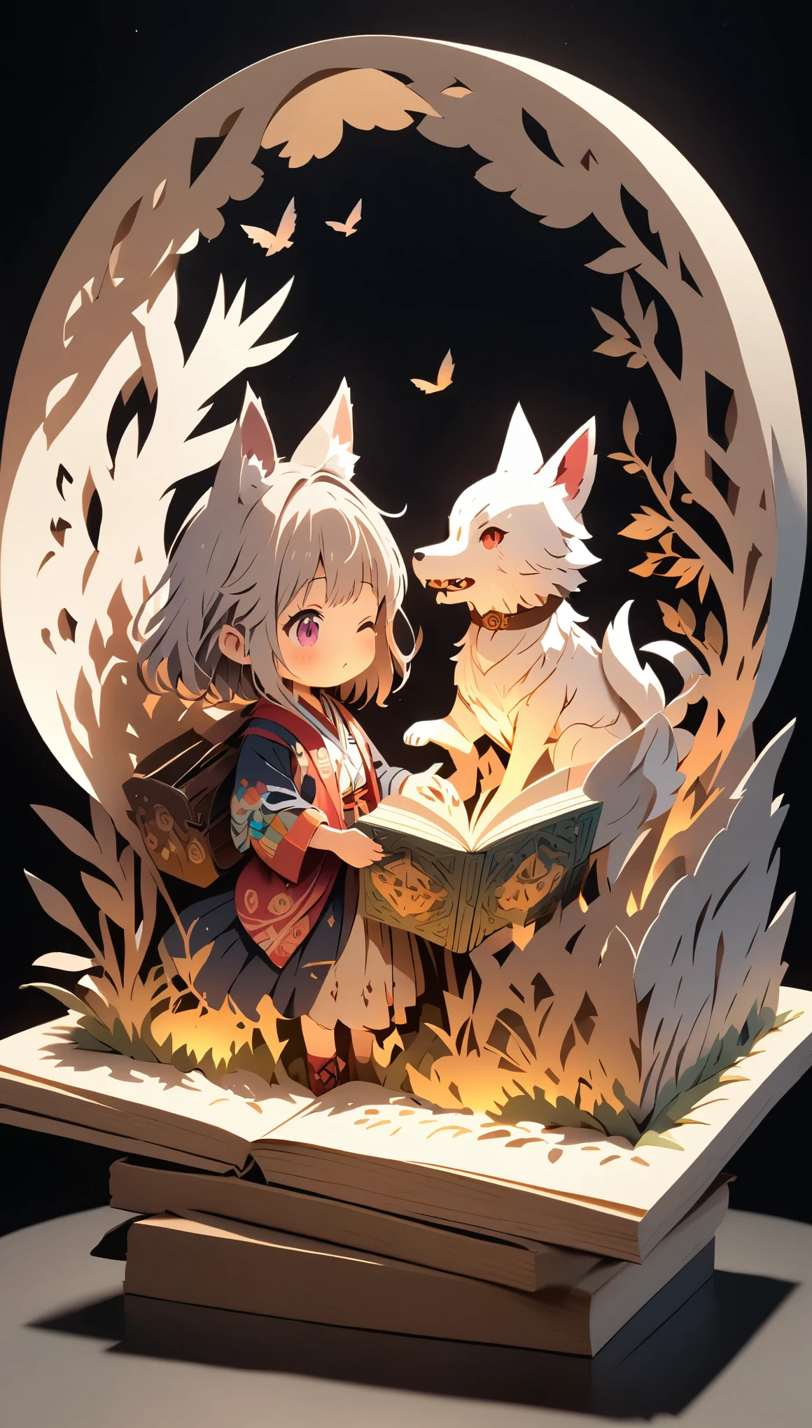 (masterpiece:1.2), (Best Quality:1.2), Ultra-high resolution, Very detailed, Perfect lighting, Wolf Girl, Gray Hair, National Costume, Otherworldly fantasy, Chase after,cute, Tilt your head, Close one eye, Pastel colors, Pop-up picture book, Paper cutting art,Flat paper cutout, Anime style illustration,Anime illustration, White background, PAPERCUT, Put a book under