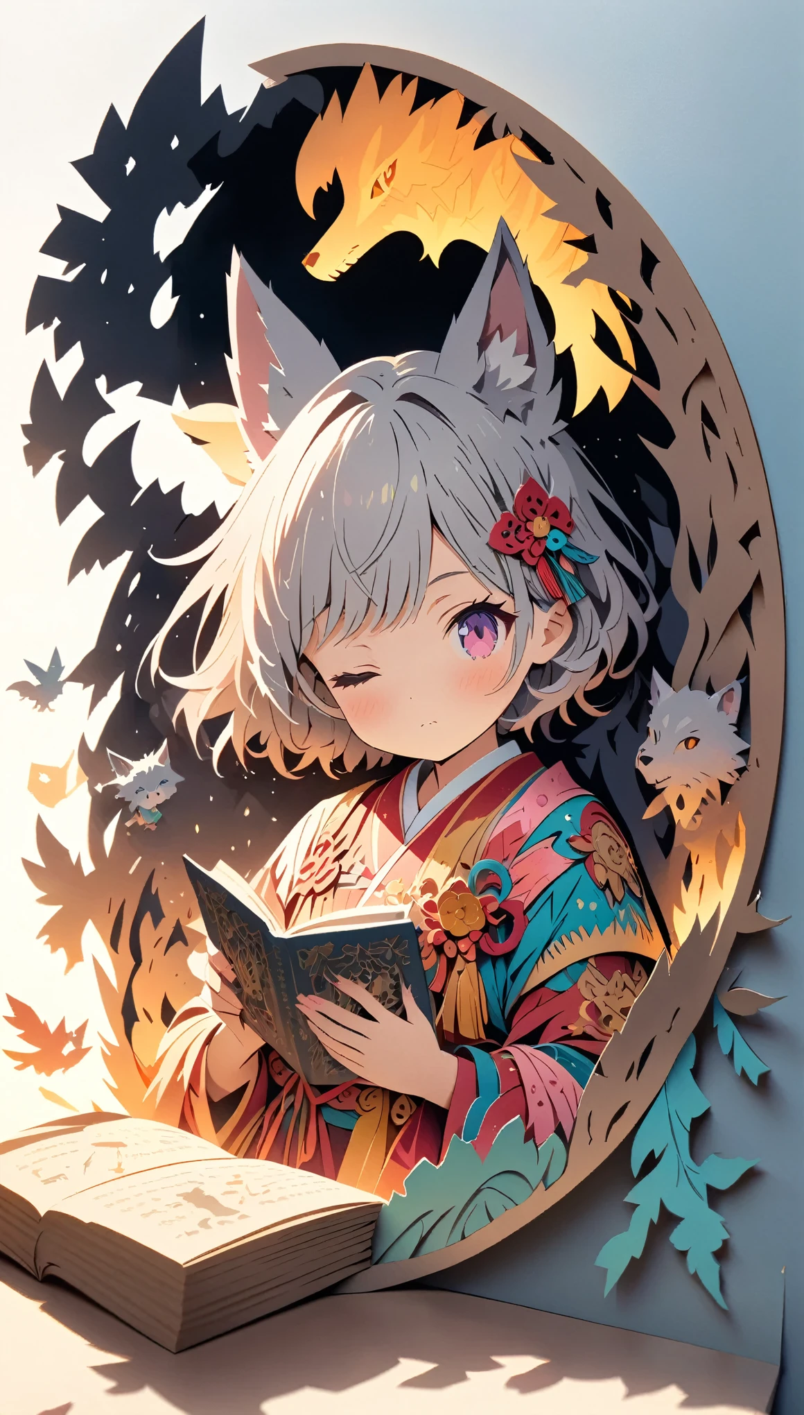 (masterpiece:1.2), (Best Quality:1.2), Ultra-high resolution, Very detailed, Perfect lighting, Wolf Girl, Gray Hair, National Costume, Otherworldly fantasy, Chase after,cute, Tilt your head, Close one eye, Pastel colors, Paper cutting art,Flat paper cutout, Anime style illustration,Anime illustration, White background, PAPERCUT, Put a book under