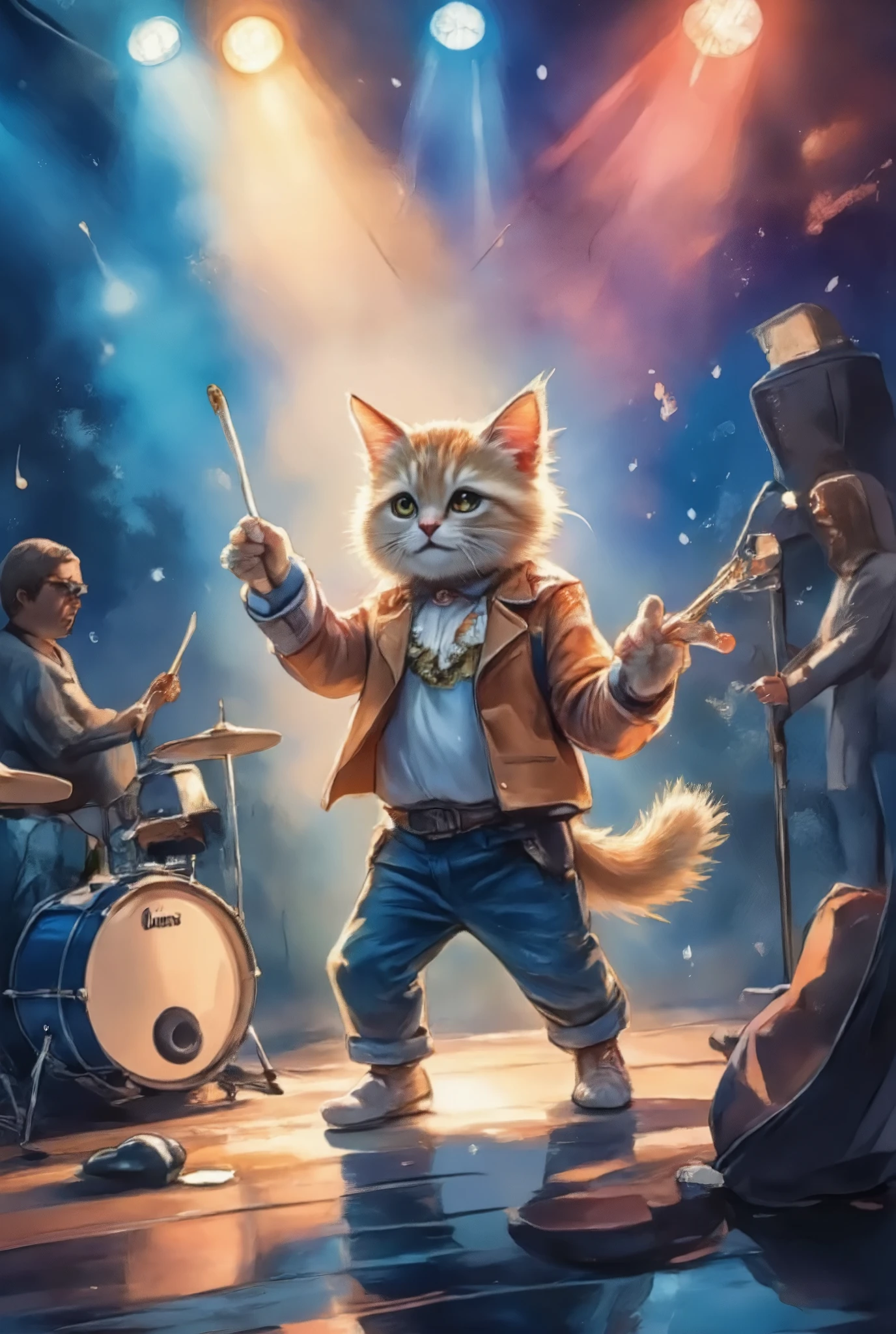 Cute cat rock band, Cute cats playing musical instruments, Electric Guitar, bass, drum, Energetic performance, Little paws pluck the strings, Fluffy fur, Colorful stage lights, Lively atmosphere, Playful expression, Punk rock style, Spiked collar, Bright costumes, Detailed Instruments, Fur moves with movement, Dynamic poses, The stage was packed with speakers, Soft Shadows, Rockstar attitude, Crowd cheering, A feeling of fun and excitement, tiny drumticks in paws, Notes in the air, Fun and lively atmosphere.