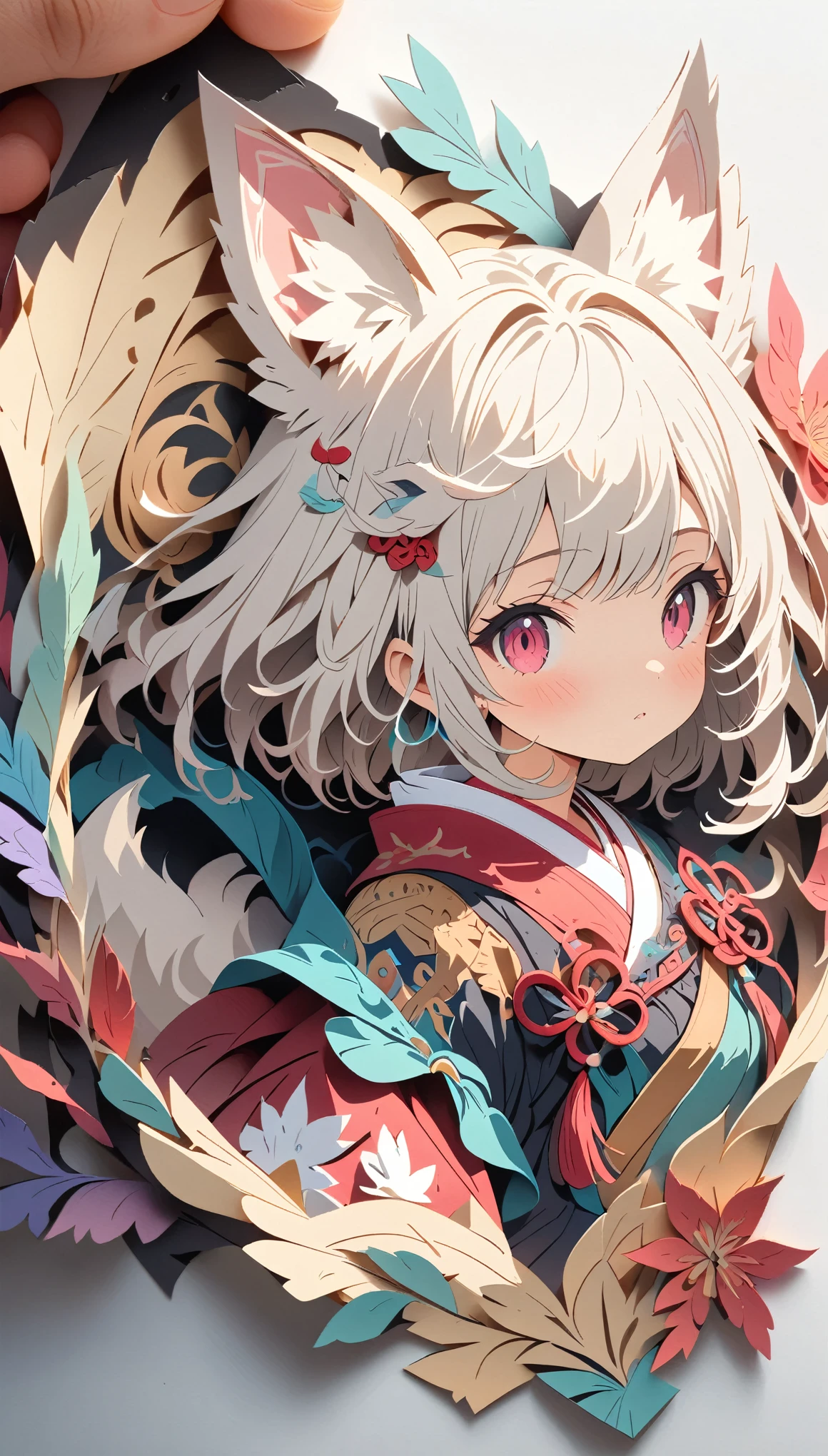 (masterpiece:1.2), (Best Quality:1.2), Ultra-high resolution, Very detailed, Perfect lighting, Wolf Girl, Gray Hair, National Costume, Otherworldly fantasy, cute, Tilt your head, Pastel colors, Paper cutting art,Flat paper cutout, Paper Art, Paper Quilt, Digital Art,Anime style illustration,Anime illustration, White background, PAPERCUT