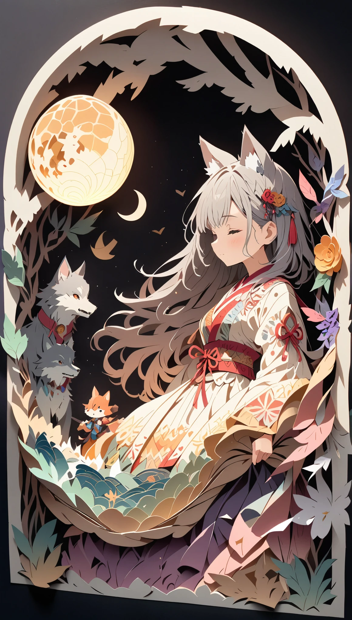 (masterpiece:1.2), (Best Quality:1.2), Ultra-high resolution, Very detailed, Perfect lighting, Wolf Girl, Gray Hair, National Costume, Otherworldly fantasy, cute, Tilt your head, Pastel colors, Paper cutting art,Flat paper cutout, Paper Art, Paper Quilt, Digital Art,Anime style illustration,Anime illustration, White background, PAPERCUT