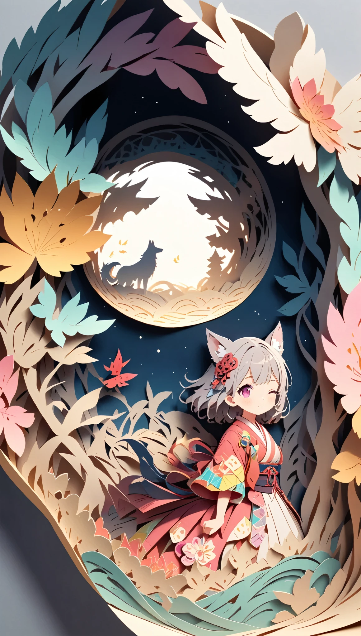 (masterpiece:1.2), (Best Quality:1.2), Ultra-high resolution, Very detailed, Perfect lighting, Wolf Girl, Gray Hair, National Costume, Otherworldly fantasy, Chase after,cute, Tilt your head, Close one eye, Pastel colors, Paper cutting art,Flat paper cutout, Paper Art, Paper Quilt, Digital Art,Anime style illustration,Anime illustration, White background, PAPERCUT, There is a book under the paper cutting.