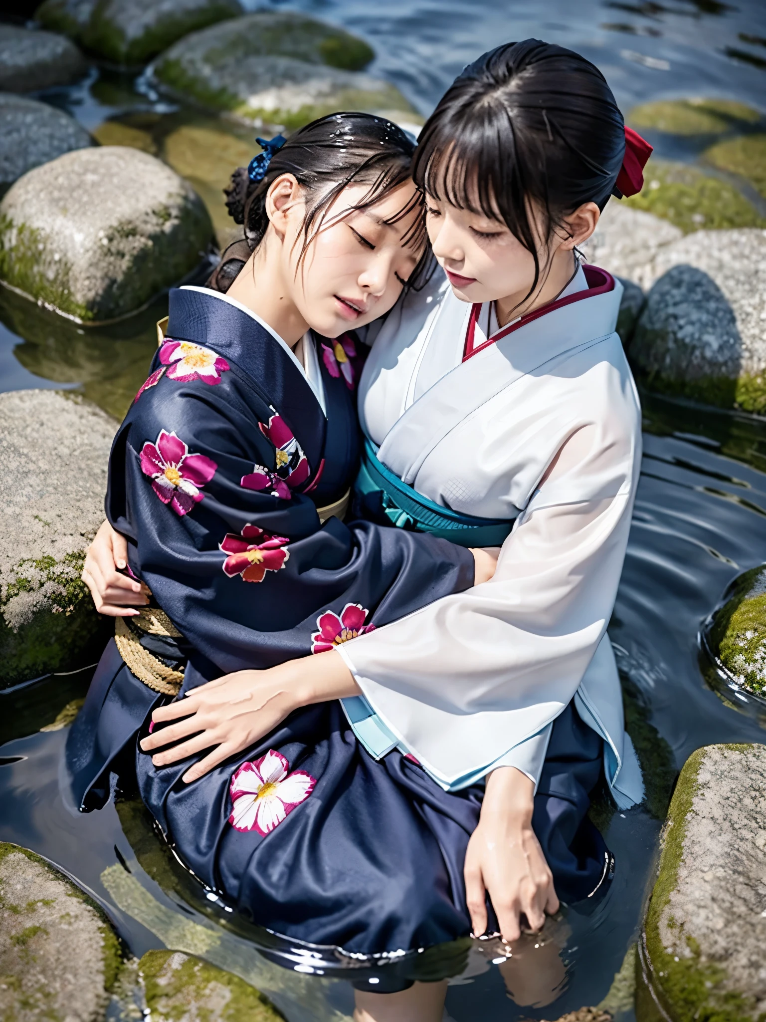 Realistic, furisode, hakama, long hakama, floral kimono, wet clothes, soaking wet clothes, wet and shiny clothes, clothes with a wet texture, clothes that cling to the body, woman submerged in a river, hakama submerged in a river, woman submerged in water, hakama submerged in water, sleeping woman, sleeping face, sleeping together, woman embracing another woman