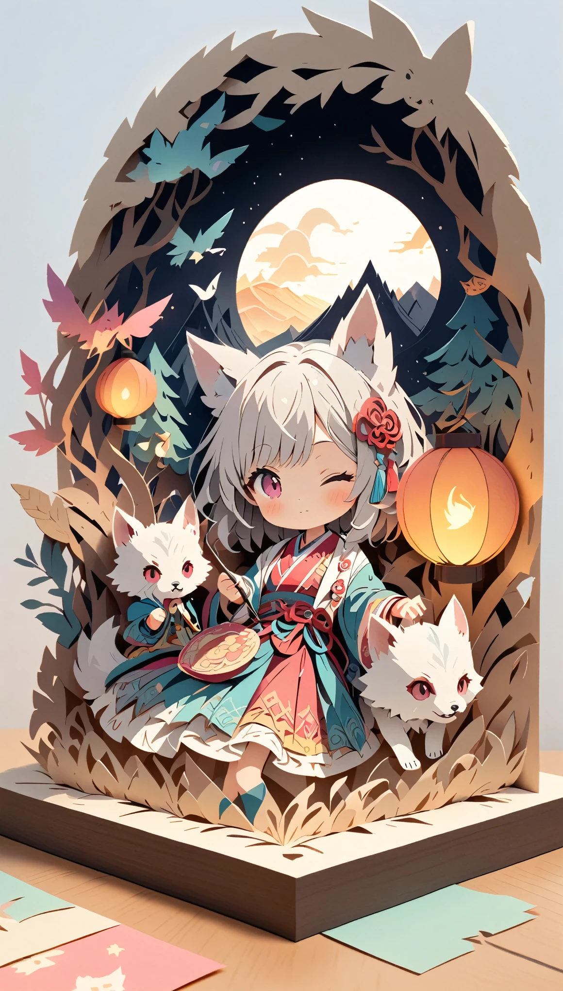 (masterpiece:1.2), (Best Quality:1.2), Ultra-high resolution, Very detailed, Perfect lighting, Wolf Girl, Gray Hair, National Costume, Otherworldly fantasy, Chase after,cute, Tilt your head, Close one eye, Pastel colors, Paper cutting art,Flat paper cutout, Paper Art, Paper Quilt, Digital Art,Anime style illustration,Anime illustration, White background, PAPERCUT, There is a book under the paper cutting.