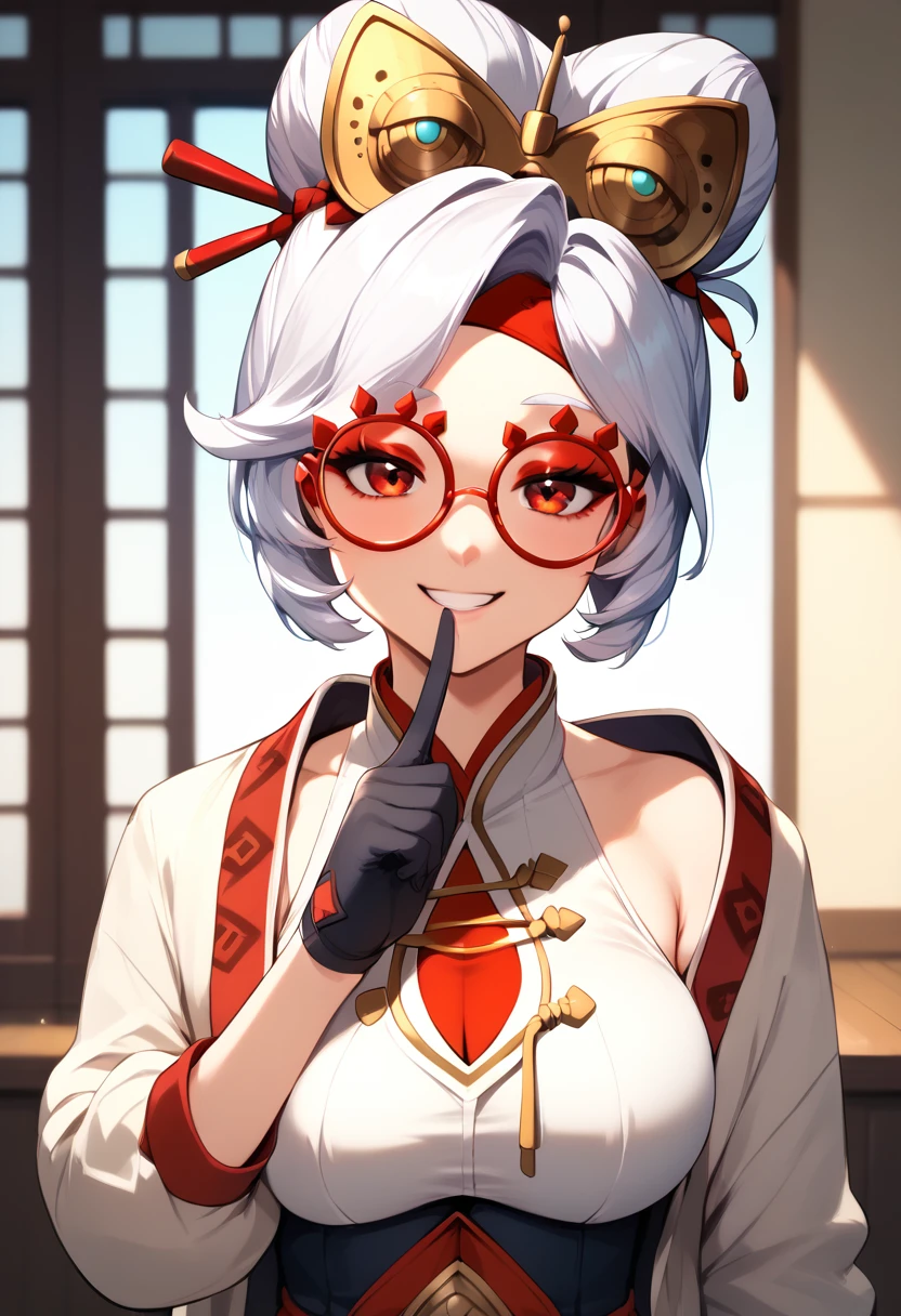 score_9, score_8_up, score_7_up, source_anime, 1girl, glove biting, mouth hold, <lora:AdjustingGlovesWithLips_XLPD:1>, upper body, smirk, looking at viewer, <lora:purah-pdxl-nvwls-v1:0.8> purah, hair ornament, red headband, red glasses, sleeveless shirt, white coat, gloves, middle finger,