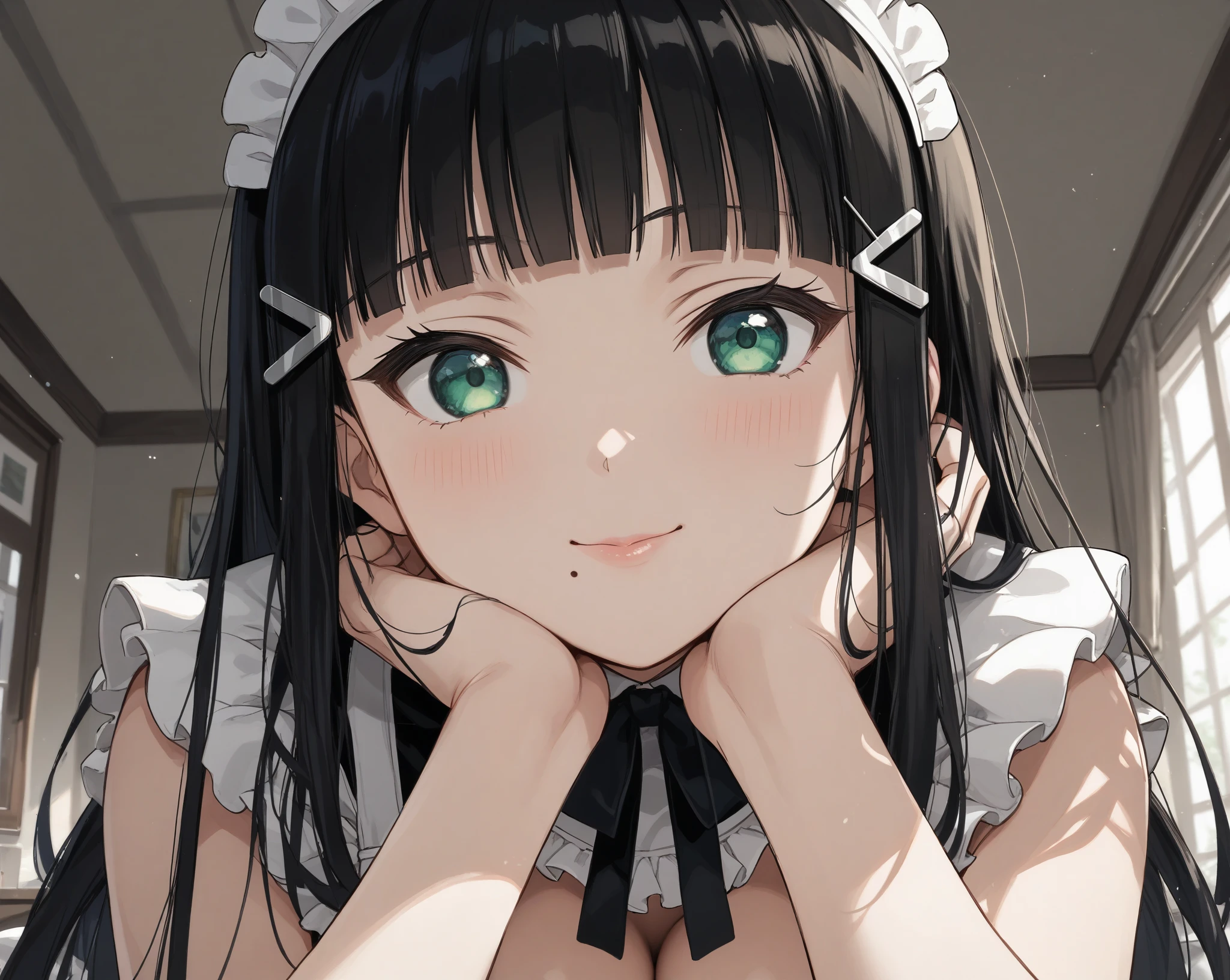 score_9, score_8_up, score_7_up, source_anime, source_cartoon,masterpiece, best quality, very aesthetic, absurdres, highly detailed, 1girl, dia kurosawa, long hair, bangs, black hair, hair ornament, green eyes, sidelocks, hairclip, blunt bangs, mole, mole under mouth, large breasts, (maid costume:1.2), topless,,, 
In cozy room, (looking through own legs:1.2), seductive smile, blush, pubic hair