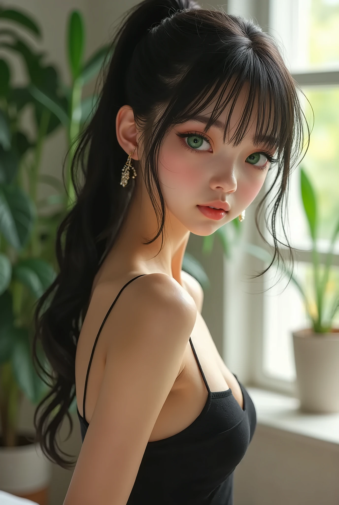 Woman with straight black hair and bangs. very full body, Round face, greeneyes