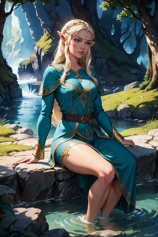 blond elf Deedlit from Record of Lodoss War, sitting gracefully on an ancient stone bench. playing her lute guitar. long hair and cloak gently fluttering in the soft breeze. dappled sunlight