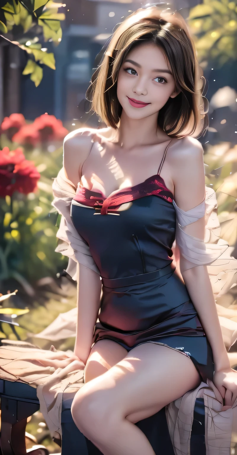 Beautiful short hair brunette woman is shown to have a sexy figure. She is wearing a beautiful detailed printed summer sleeveless spaghetti strap dress, jewelry, red highlights, she has gray eyes,Girl standing outside in a field, sexy session, poseing,exposed cleavage, cowboy shot, superior quality, many details, realistic
