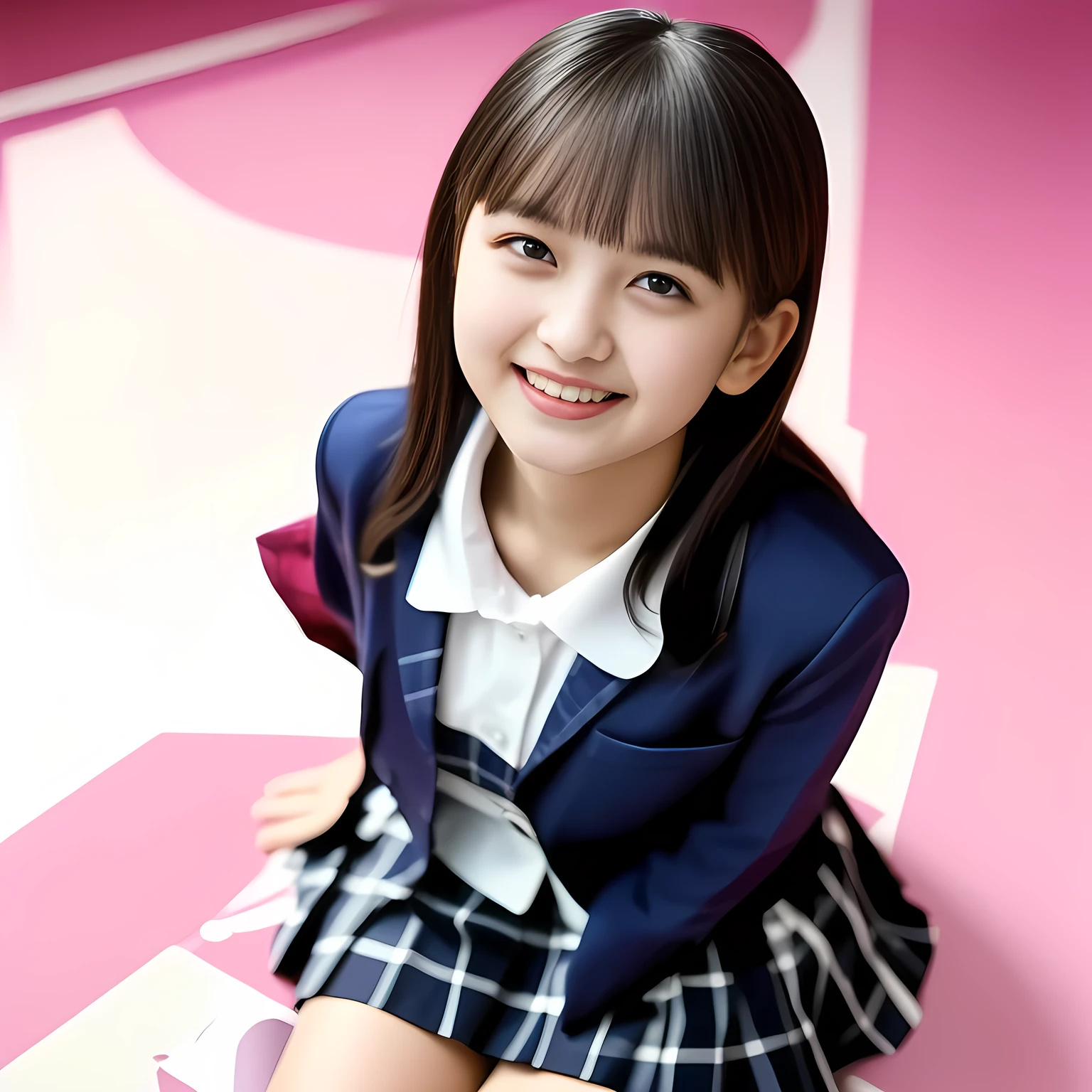 (Highest quality, masterpiece:1.2), Highest quality, High resolution, 1080P, 8k, height: 158cm, (Noble, Japanese **** truly-girly-girl is seated on a pink flat floor and smiling directly at me in school uniform, Looking up at me deeply, Hypnotizing me with her cuteness: 1.8), looking at the viewer, well-grown breast and nice style, (well arranged, balanced, neat glossy straight very long hair), (Half-closed, Looking up to me, Very sleepy, Double-deep-eyelids, completely balanced, brown large large dreaming Japanese **** eyes with detailed beautifully: 1.6), (Glossy lips: 1.8), (high nose: 1.2), (Rich and long bottom-eye-slashes), (Drives me crazy for her navy-colored neat tartan checkered blue skirts and make me fall into her navy-colored plaid-print pleats skirt: 1.4), (Fine white-face that looks like she has never been out of home: 1.6), (Navy colored school uniform blazer: 1.6), (Navy pleated plaid skirt: 1.5), (Plain-red school ribbon on the breast), (Complete plain pink background: 1.8), (Girl whom everyone loves because of her beauty and neat school fashion and noble manner and magic-charm of succubus: 1.7), full body shot, (jolly face expression), (evenly cut curled glossy rich beautiful bangs: 1.6), light hitting the white-face, (Very very large, dreamy, Adorable eyes, Looking deeply at me: 1.5)