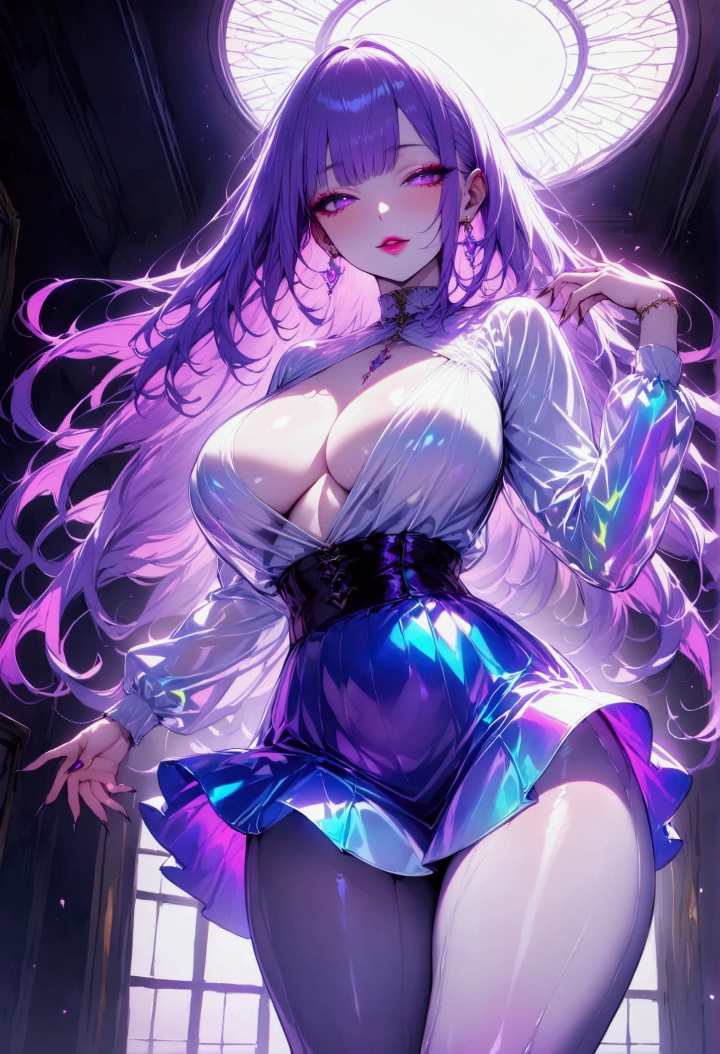 Young beautiful woman,(Best Quality,Extremely detailed depiction,Incredibly absurd high definition,Anatomically accurate,Curvy Legs,Detailed pupil,Shiny skin,Porcelain-like skin),(Bright colored fall clothes,skirt,tights),eyelash,(Purple Eyes,Half-closed eyes:1.5,Large Breasts,A seductive smile,Glossy lips,Flashy makeup,Arching one&#39;s back,Mouth open,),whole body:1.3,bedroom