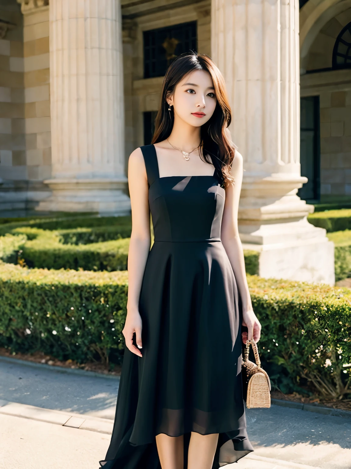 Japanese Black dress figure Wearing a black dress Wide Shot Nikon Cameras Shot with Nikon Z9 Subjective photograph beautiful Real Small face Whitening Loose fluffy curls fine whole body photograph Beautiful feet Wore mules Standing posture Portrait High heels buzzer Looking back