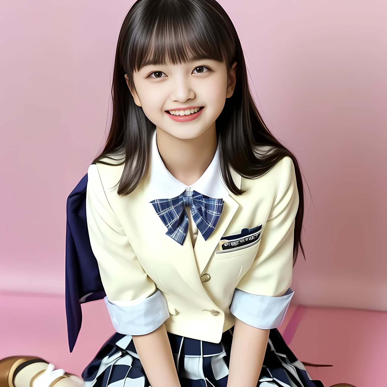 (Highest quality, masterpiece:1.2), Highest quality, High resolution, 1080P, 8k, height: 158cm, (Noble, Japanese **** truly-girly-girl is seated on a pink flat floor and smiling directly at me in school uniform, Looking up at me deeply, Hypnotizing me with her cuteness: 1.8), looking at the viewer, well-grown breast and nice style, (well arranged, balanced, neat glossy straight very long hair), (Half-closed, Looking up to me, Very sleepy, Double-deep-eyelids, completely balanced, brown large large dreaming Japanese **** eyes with detailed beautifully: 1.6), (Glossy lips: 1.8), (high nose: 1.2), (Rich and long bottom-eye-slashes), (Drives me crazy for her navy-colored neat tartan checkered blue skirts and make me fall into her navy-colored plaid-print pleats skirt: 1.4), (Fine white-face that looks like she has never been out of home: 1.6), (Navy colored school uniform blazer: 1.6), (Navy pleated plaid skirt: 1.5), (Plain-red school ribbon on the breast), (Complete plain pink background with white-heart-marks: 1.8), (Girl whom everyone loves because of her beauty and neat school fashion and noble manner and magic-charm of succubus: 1.7), full body shot, (jolly face expression), (evenly cut curled glossy rich beautiful bangs: 1.6), light hitting the white-face, (Very very large, dreamy, Adorable eyes, Looking deeply at me: 1.5)