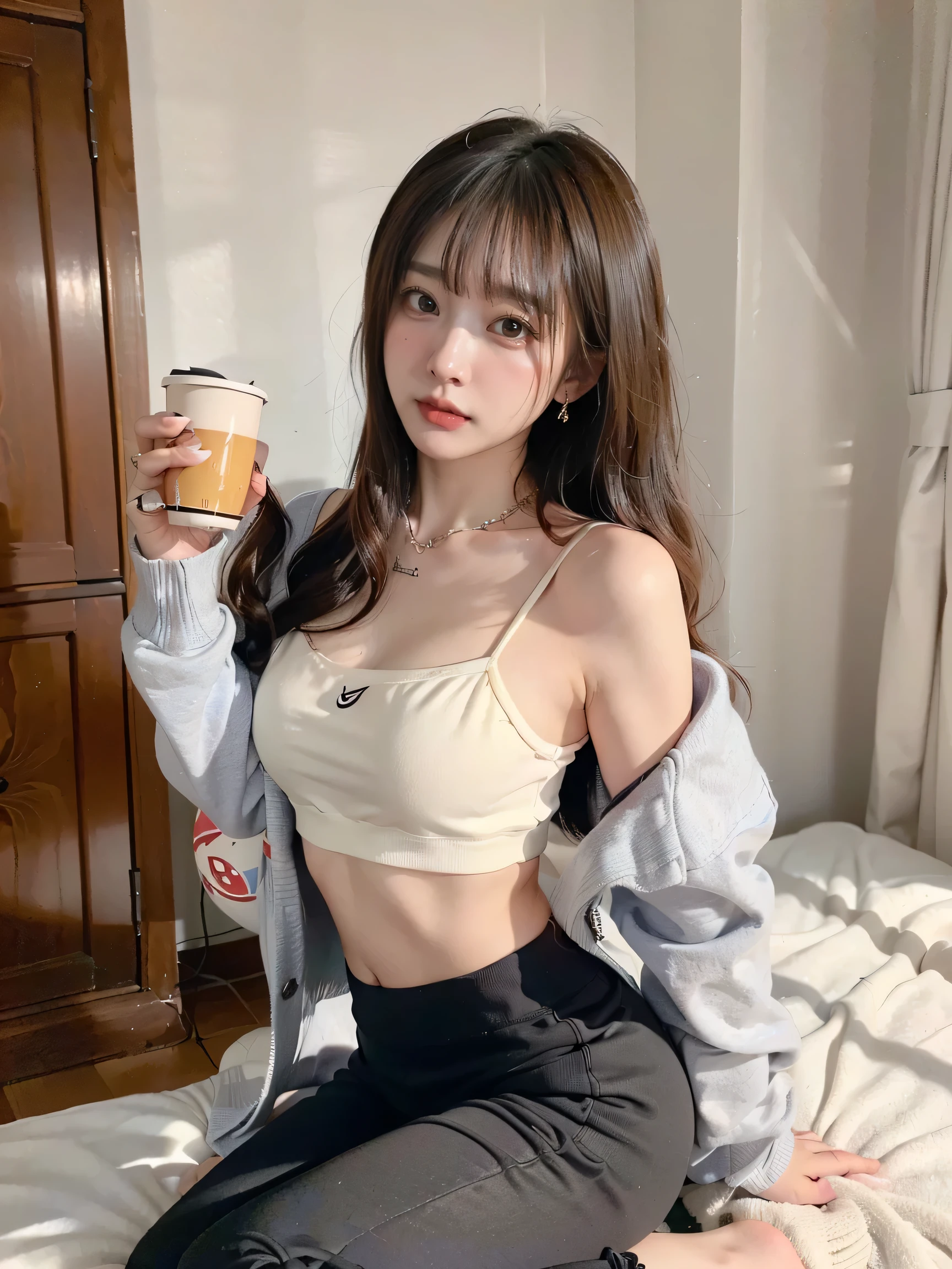 A very cute girl, Taiwanese girl,  wearing a long sleeve spaghetti strap t-shirt, and yoga pants, (((a cup tiny breasts))), cool expression, tsundere, tsundere expression, ((Korean style long curly hair)),((Korean style long curly hair)),  ((Korean style long curly hair)),((Korean style long curly hair)),  (((bangs))), bad girl, bad girl,   necklace, earrings, wearing boutique designer clothes,(((long hair))),((sporty girl))，(((long hair))),(((long hair))),(((long hair))),(((long hair)))，(((Heavy makeup)))，(((Heavy makeup))),Selfie pose:holding face with one hand,in a  white bedroom 