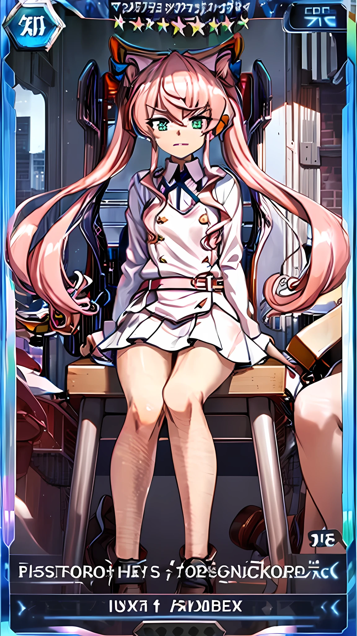 A woman in a short skirt is sitting on a chair, Twin tail hair, Self-destructive art, Pink Hair, At school, Cute school girl, High resolution!!, calm down, k High resolution,