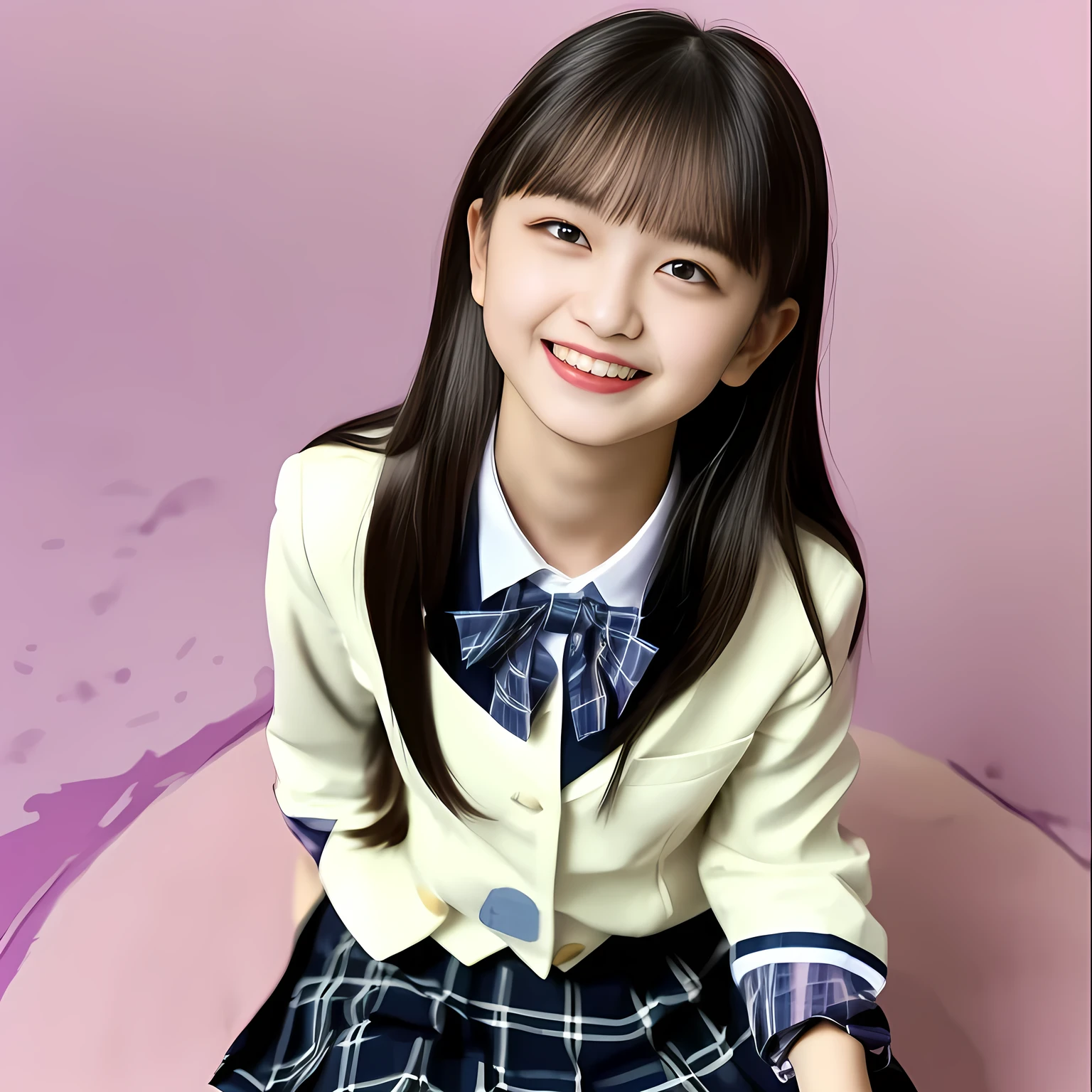 (Highest quality, masterpiece:1.2), Highest quality, High resolution, 1080P, 8k, height: 158cm, (Noble, Japanese **** truly-girly-girl is seated on a pink flat floor and smiling directly at me in school uniform, Looking up at me deeply, Hypnotizing me with her cuteness: 1.8), looking at the viewer, well-grown breast and nice style, (well arranged, balanced, neat glossy straight very long hair), (Half-closed, Looking up to me, Very sleepy, Double-deep-eyelids, completely balanced, brown large large dreaming Japanese **** eyes with detailed beautifully: 1.6), (Glossy lips: 1.8), (high nose: 1.2), (Rich and long bottom-eye-slashes), (Drives me crazy for her navy-colored neat tartan checkered blue skirts and make me fall into her navy-colored plaid-print pleats skirt: 1.4), (Fine white-face that looks like she has never been out of home: 1.6), (Navy colored school uniform blazer: 1.6), (Navy pleated plaid skirt: 1.5), (Plain-red school ribbon on the breast), (Complete plain pink background with white-heart-marks: 1.8), (Girl whom everyone loves because of her beauty and neat school fashion and noble manner and magic-charm of succubus: 1.7), full body shot, (jolly face expression), (evenly cut curled glossy rich beautiful bangs: 1.6), light hitting the white-face, (Very very large, dreamy, Adorable eyes, Looking deeply at me: 1.5)