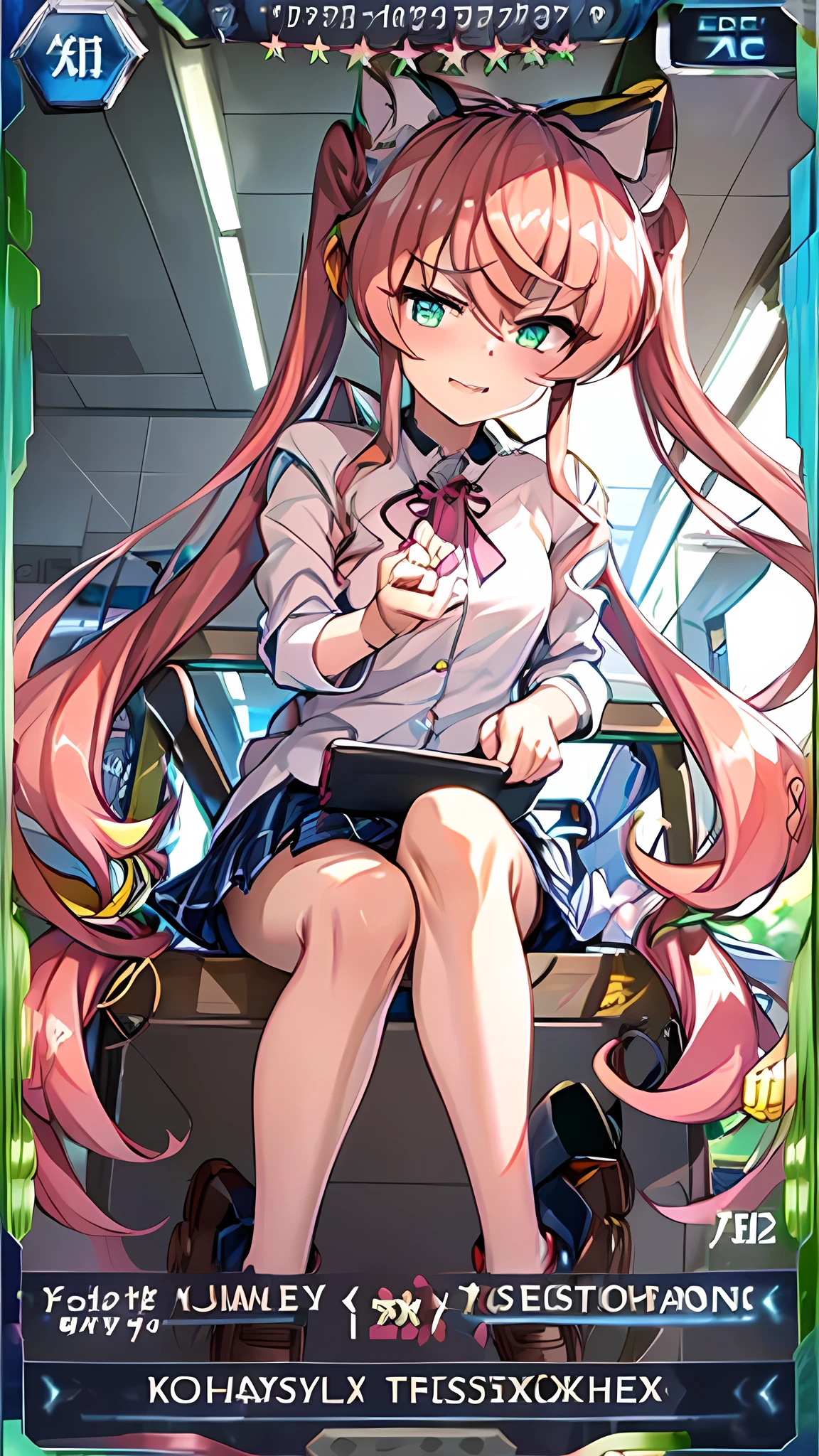 A woman in a short skirt is sitting on a chair, Twin tail hair, Self-destructive art, Pink Hair, At school, Cute school girl, High resolution!!, calm down, k High resolution,