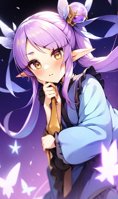 Light purple hair, Center parted bangs, Big yellow eyes, Chibi,Pointy Ears,Blue hair ornament,