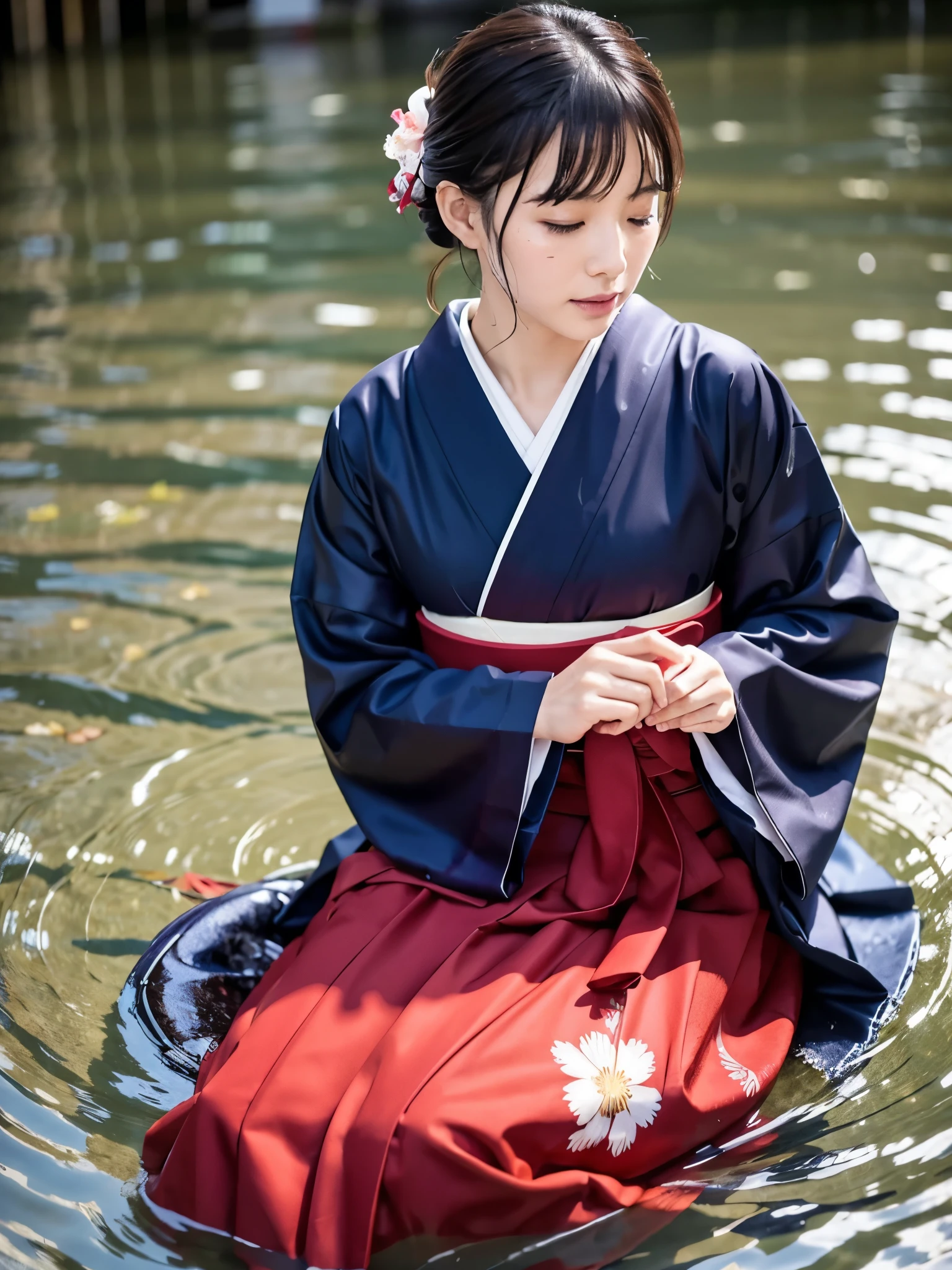 Realistic, furisode, hakama, long hakama, floral kimono, wet clothes, soaking wet clothes, wet and shiny clothes, clothes with a wet texture, clothes that cling to the body, woman submerged in a river, hakama submerged in a river, woman submerged in water, hakama submerged in water, sleeping woman, sleeping face, sleeping together, woman embracing another woman