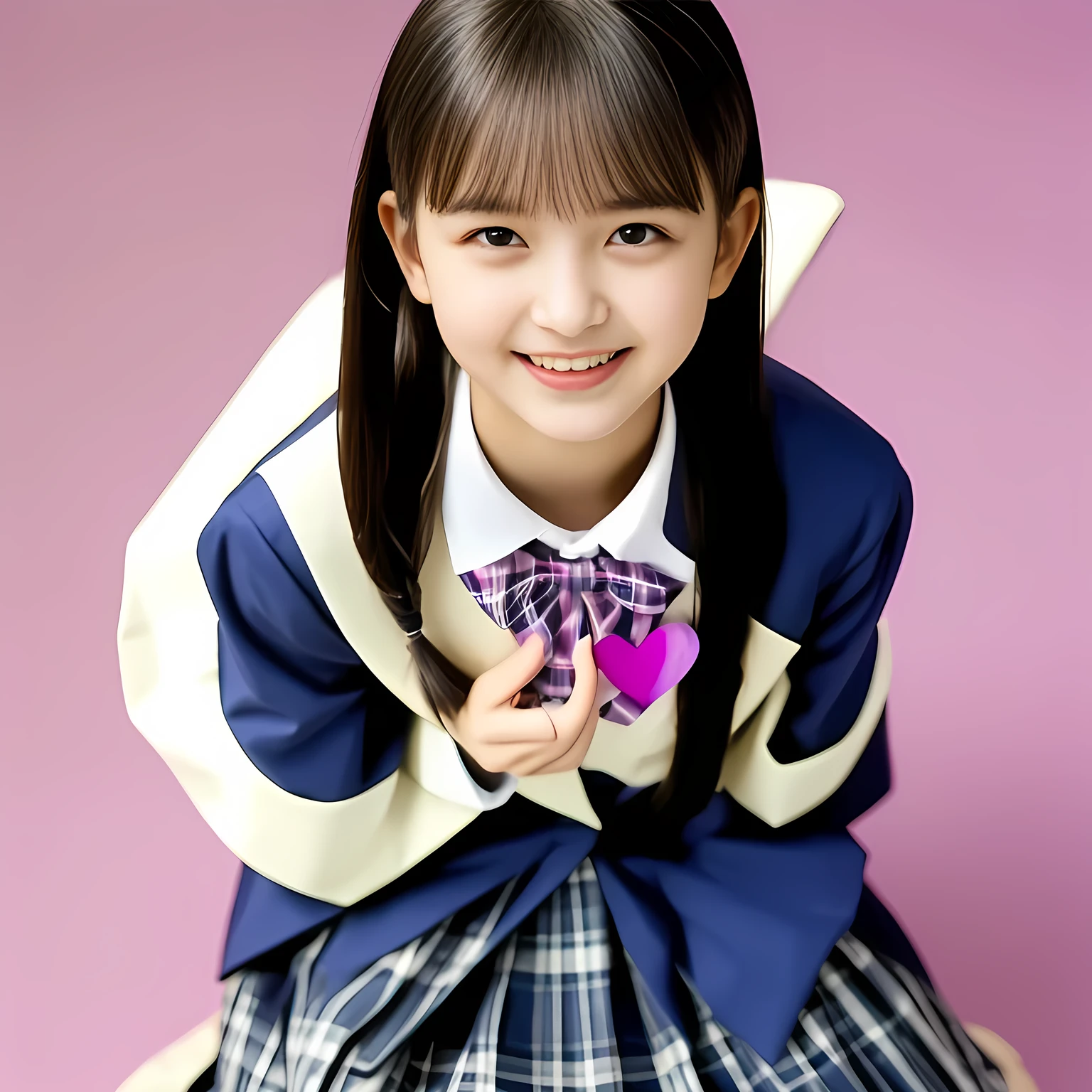 (Highest quality, masterpiece:1.2), Highest quality, High resolution, 1080P, 8k, height: 158cm, (Noble, Japanese yo truly-girly-girl is seated on a pink flat floor and smiling directly at me in school uniform, Looking up at me deeply, Hypnotizing me with her cuteness: 1.8), looking at the viewer, well-grown breast and nice style, (well arranged, balanced, neat glossy straight very long hair), (Half-closed, Looking up to me, Very sleepy, Double-deep-eyelids, completely balanced, brown large large dreaming Japanese 12 eyes with detailed beautifully: 1.6), (Glossy lips: 1.8), (high nose: 1.2), (Rich and long bottom-eye-slashes), (Drives me crazy for her navy-colored neat tartan checkered blue skirts and make me fall into her navy-colored plaid-print pleats skirt: 1.4), (Fine white-face that looks like she has never been out of home: 1.6), (Navy colored school uniform blazer: 1.6), (Navy pleated plaid skirt: 1.5), (Plain-red school ribbon on the breast), (Complete plain pink background with white-heart-marks: 1.8), (Girl whom everyone loves because of her beauty and neat school fashion and noble manner and magic-charm of succubus: 1.7), full body shot, (jolly face expression), (evenly cut curled glossy rich beautiful bangs: 1.6), light hitting the white-face, (Very very large, dreamy, Adorable eyes, Looking deeply at me: 1.5)