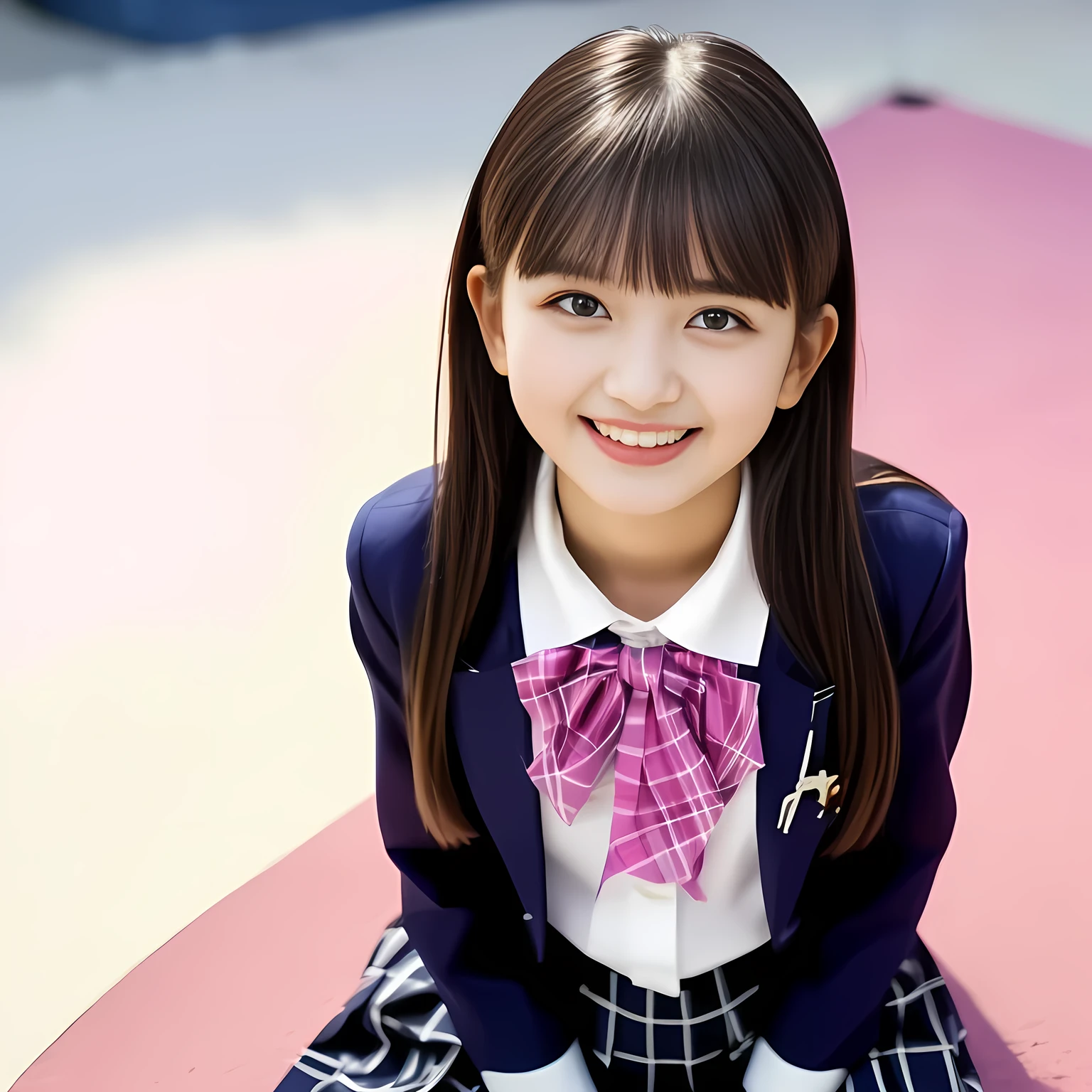 (Highest quality, masterpiece:1.2), Highest quality, High resolution, 1080P, 8k, height: 158cm, (Noble, Japanese **** truly-girly-girl is seated on a pink flat floor and smiling directly at me in school uniform, Looking up at me deeply, Hypnotizing me with her cuteness: 1.8), looking at the viewer, well-grown breast and nice style, (well arranged, balanced, neat glossy straight very long hair), (Half-closed, Looking up to me, Very sleepy, Double-deep-eyelids, completely balanced, brown large large dreaming Japanese **** eyes with detailed beautifully: 1.6), (Glossy lips: 1.8), (high nose: 1.2), (Rich and long bottom-eye-slashes), (Drives me crazy for her navy-colored neat tartan checkered blue skirts and make me fall into her navy-colored plaid-print pleats skirt: 1.4), (Fine white-face that looks like she has never been out of home: 1.6), (Navy colored school uniform blazer: 1.6), (Navy pleated plaid skirt: 1.5), (Plain-red school ribbon on the breast), (Complete plain pink background: 1.8), (Girl whom everyone loves because of her beauty and neat school fashion and noble manner and magic-charm of succubus: 1.7), full body shot, (jolly face expression), (evenly cut curled glossy rich beautiful bangs: 1.6), light hitting the white-face, (Very very large, dreamy, Adorable eyes, Looking deeply at me: 1.5)