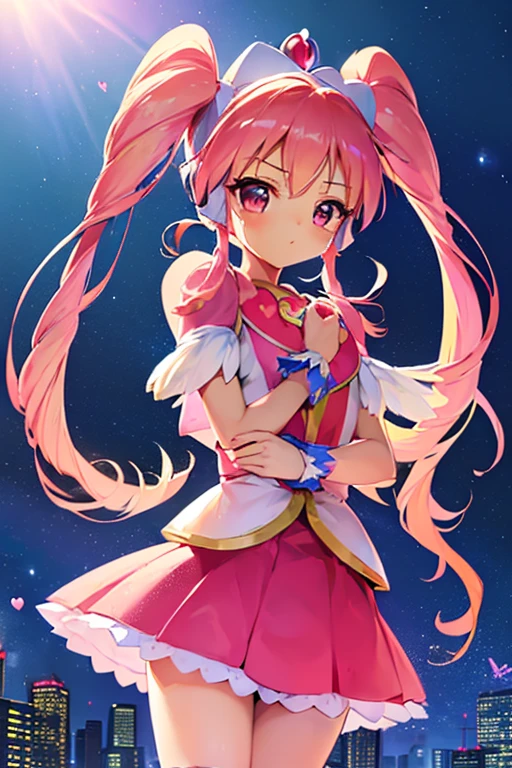 (((Pretty Cure, costume, heart accessory on chest, battle, city, skirt, twin tails, Vanilla, anime, Galaxy Angel)))