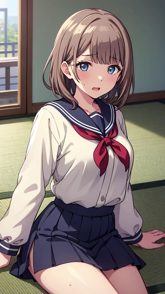 ((masterpiece, Please redeem, Very detailed, Very nice 8K CG wallpaper)), , A little thick, Medium Hair, Beige Hair, short hair, Bright Blue Eyes,judo player、Sailor suitスタイルの制服、Large bust、Sailor suit、mini skirt、judo、cute expression、Inside the judo Gymnasium、、On the tatami、discovery、One Girl、whole body、rest、Honami Mochizuki、Bust size: F cup、幼い頃judo家によって育てられた、Sweating